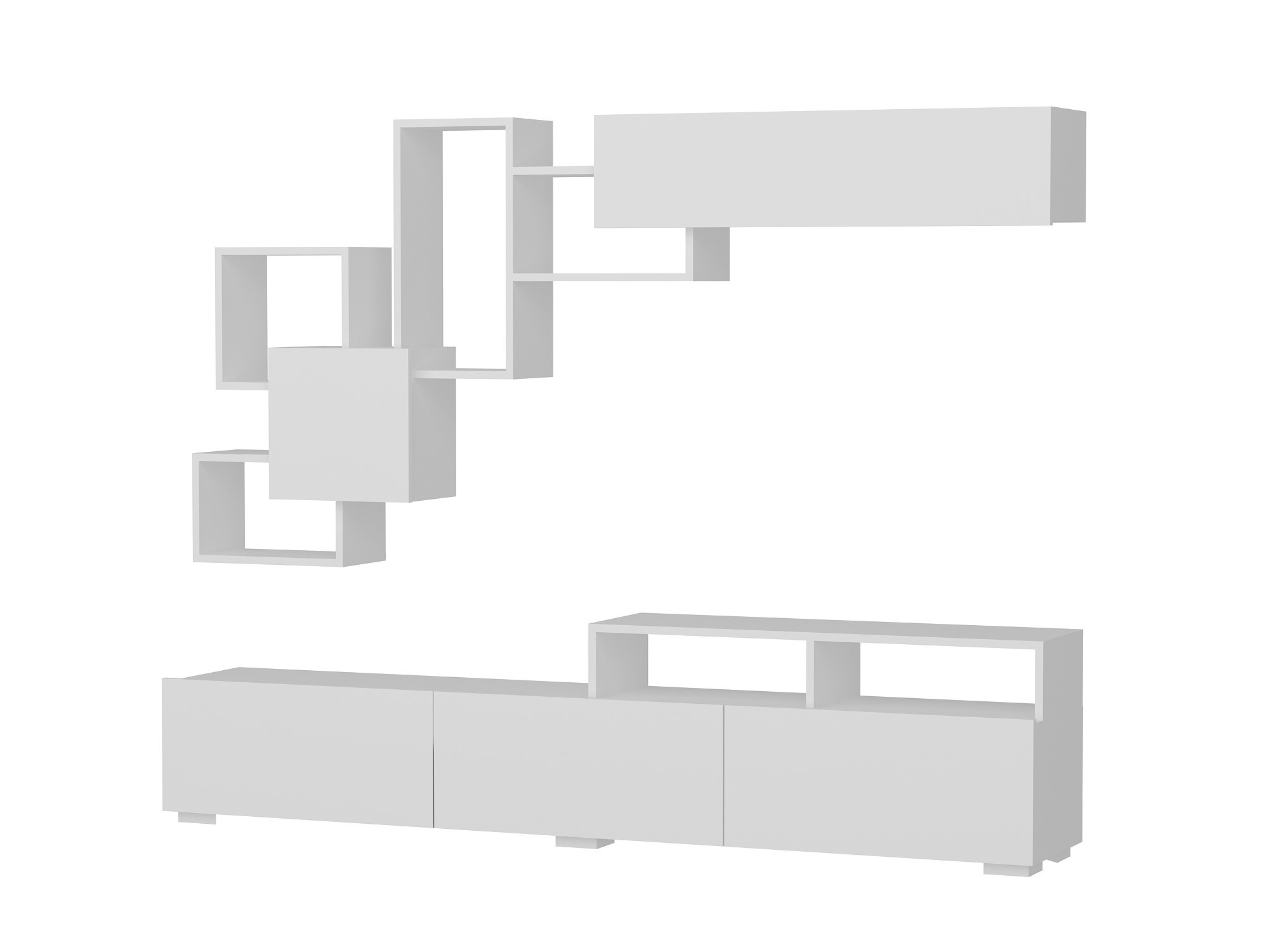 NORDVÄRK Elit TV-bord, m. væghylde, 3 låger, 2 rum - hvid melamin (210x36,8)