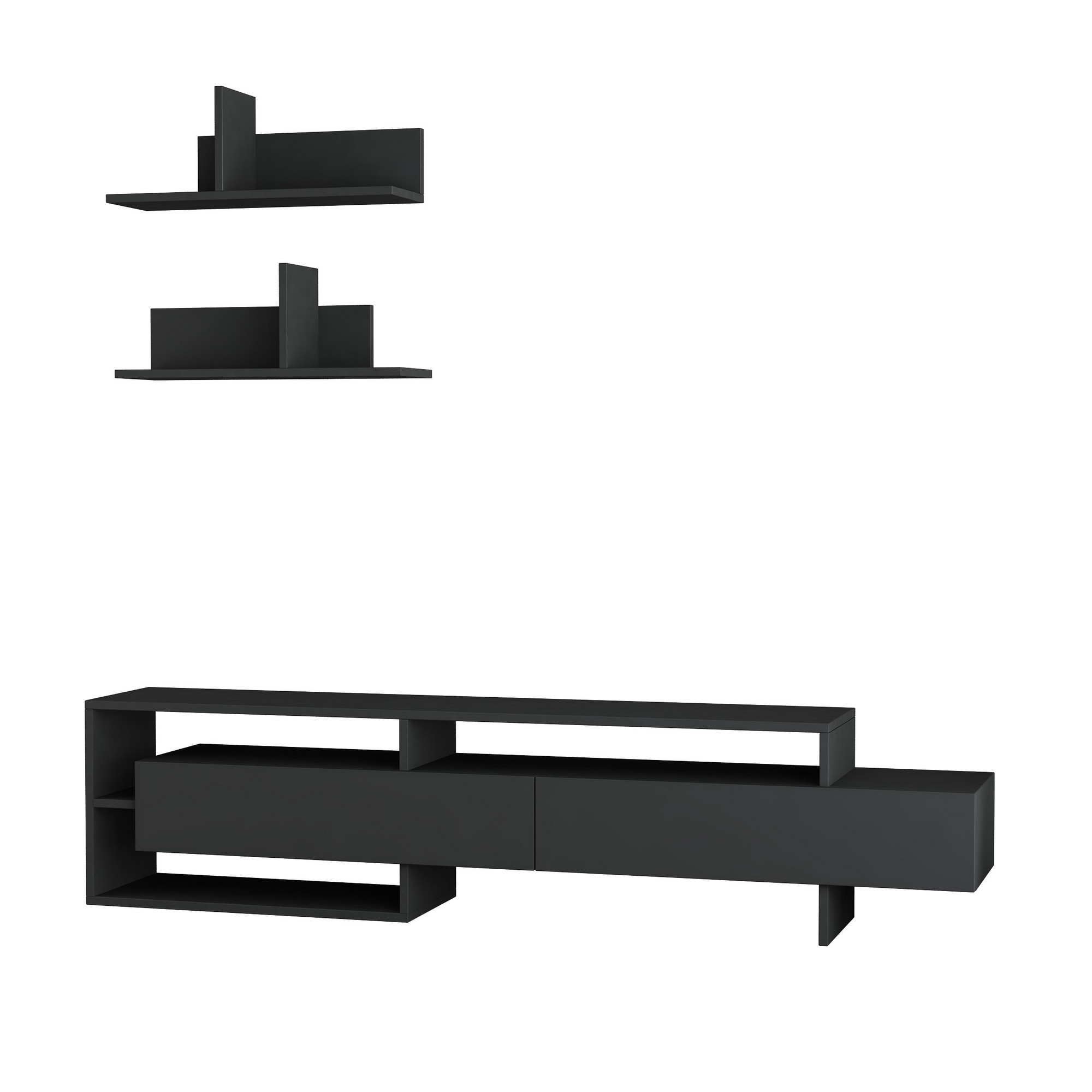 NORDVÄRK Gara TV-bord, m. 2 væghylder, 2 låger og 2 rum - antracitgrå melamin (180x32)