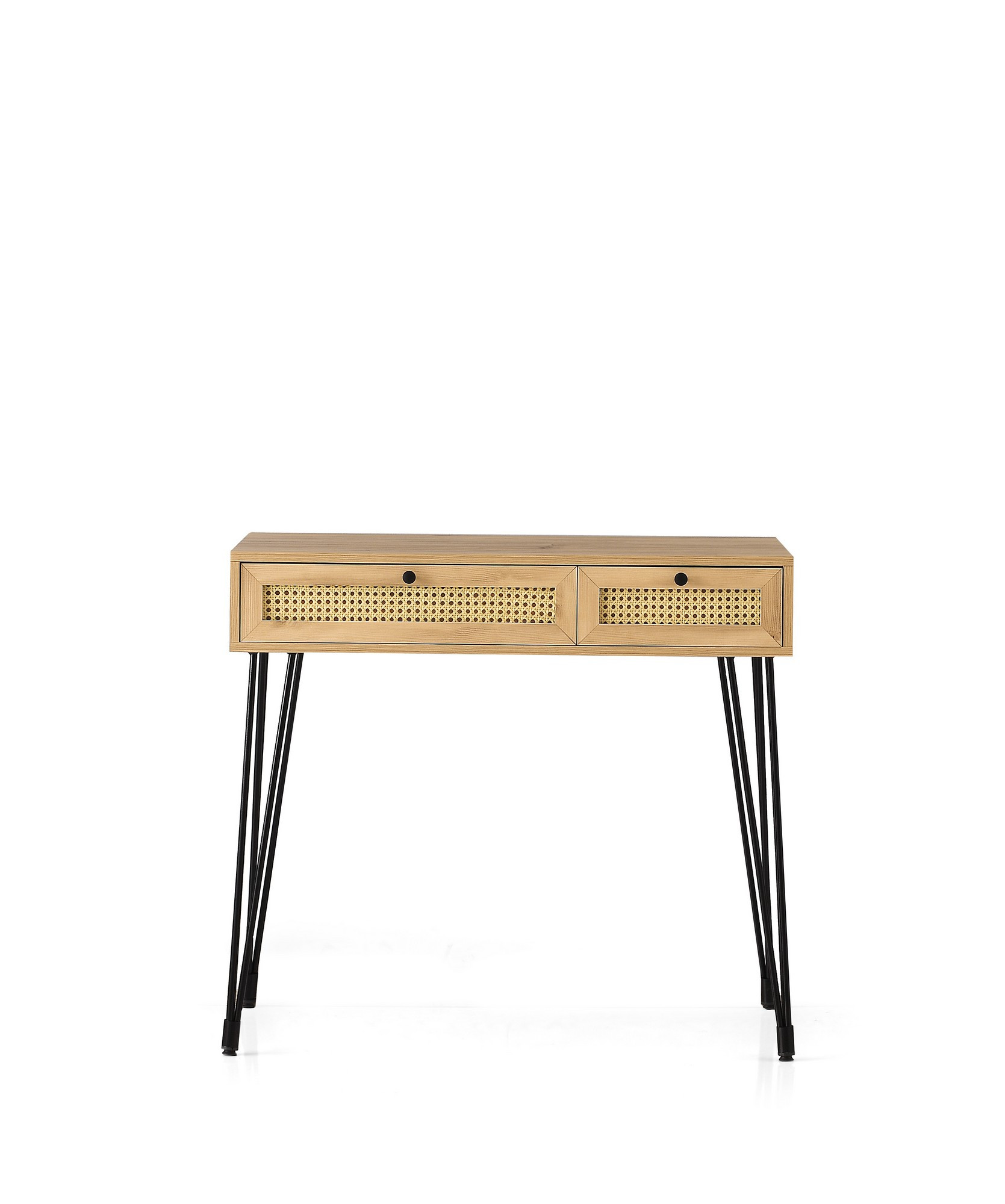 NORDVÄRK Sahra skrivebord, m. 2 skuffer, rektangulær - egefarvet melamin og sort metal (105x55)
