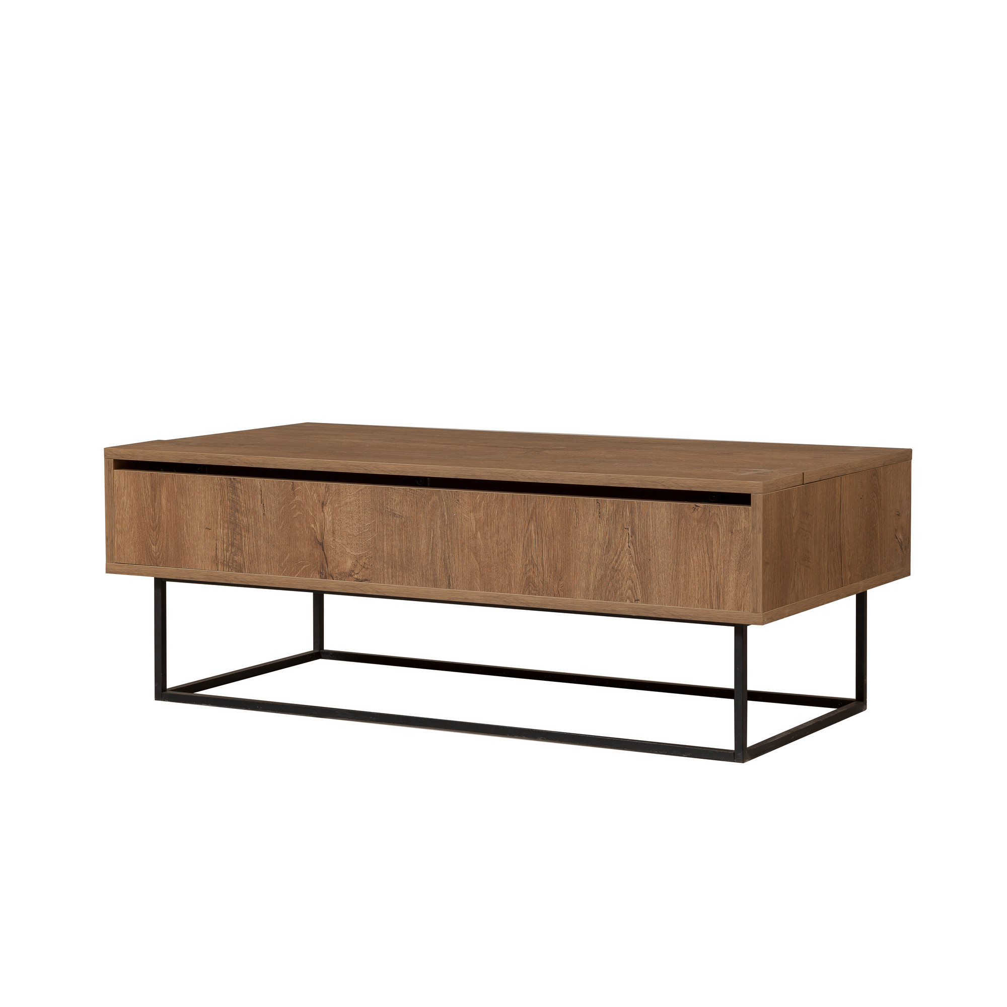 NORDVÄRK Est sofabord, højdejusterbar, m. opbevaring - valnøddefarvet melamin og sort metal (120x60)