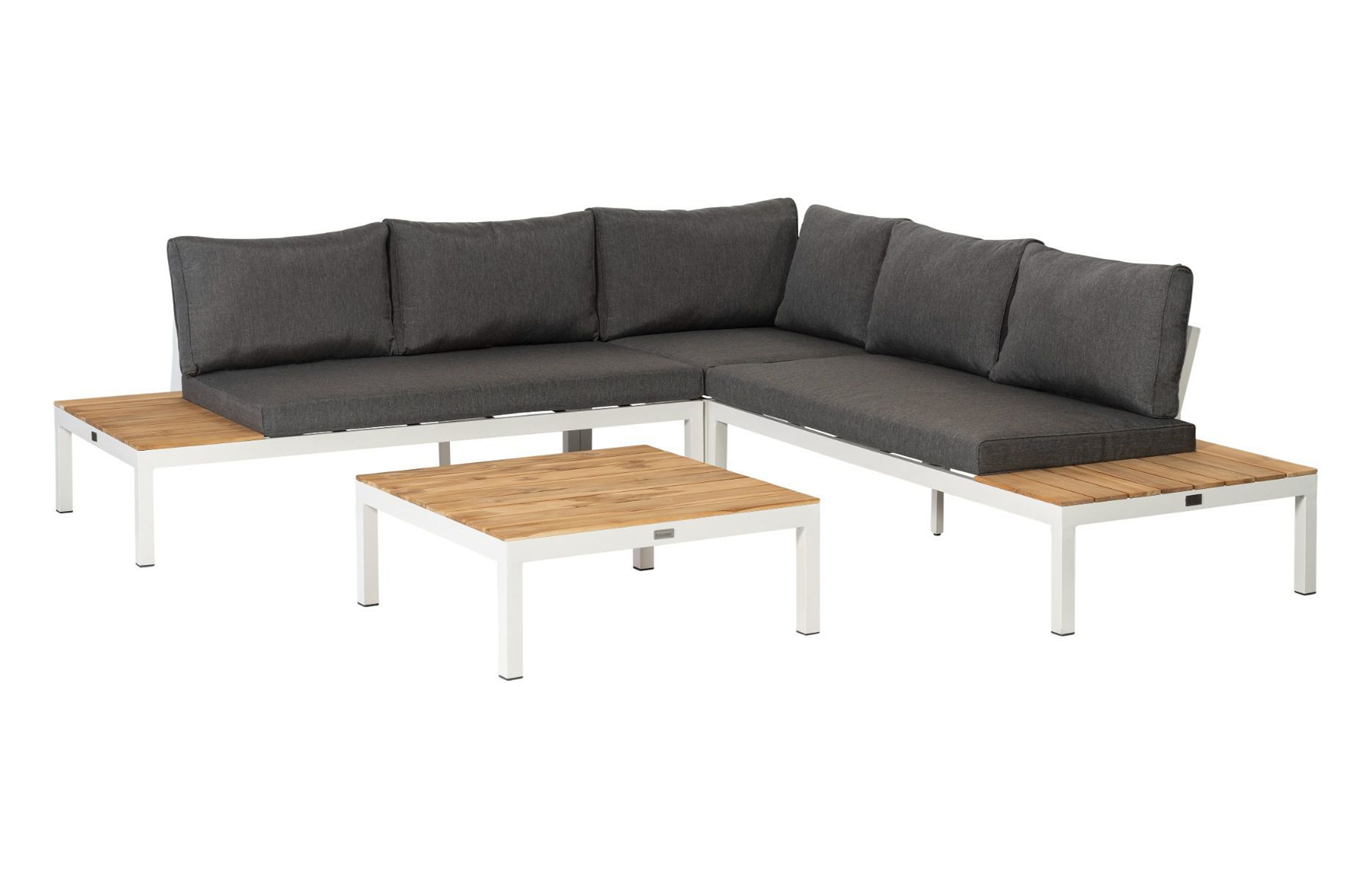 EXOTAN La Vida loungesæt, inkl. hynder - antracitgrå stof, teak og hvid aluminium