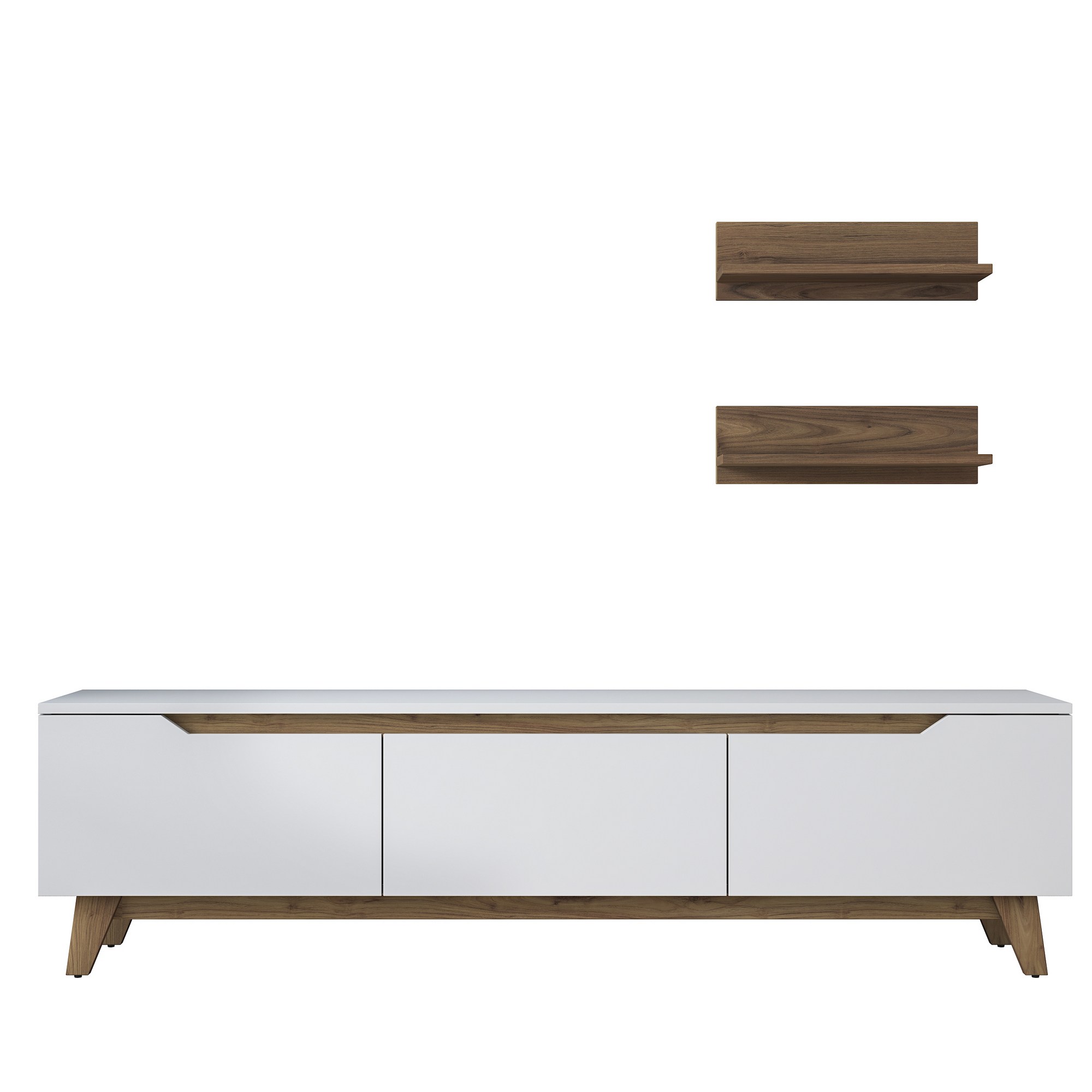 NORDVÄRK M48 TV-bord, m. 2 væghylder, 3 låger - hvid og valnøddefarvet melamin (180x35)