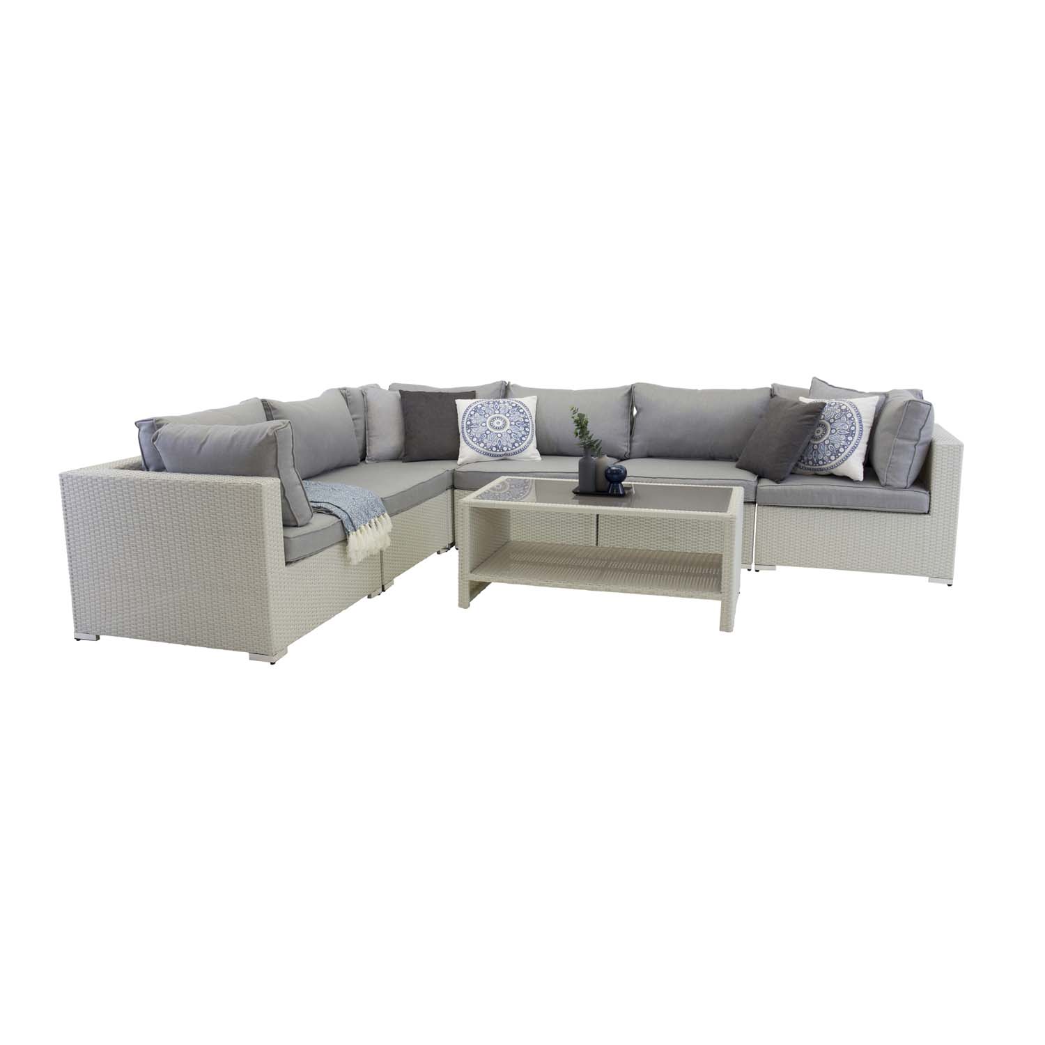 VENTURE DESIGN Amazon modul sofa havesæt 3+2+1 m. grå hynder - hvid rattan og aluminium