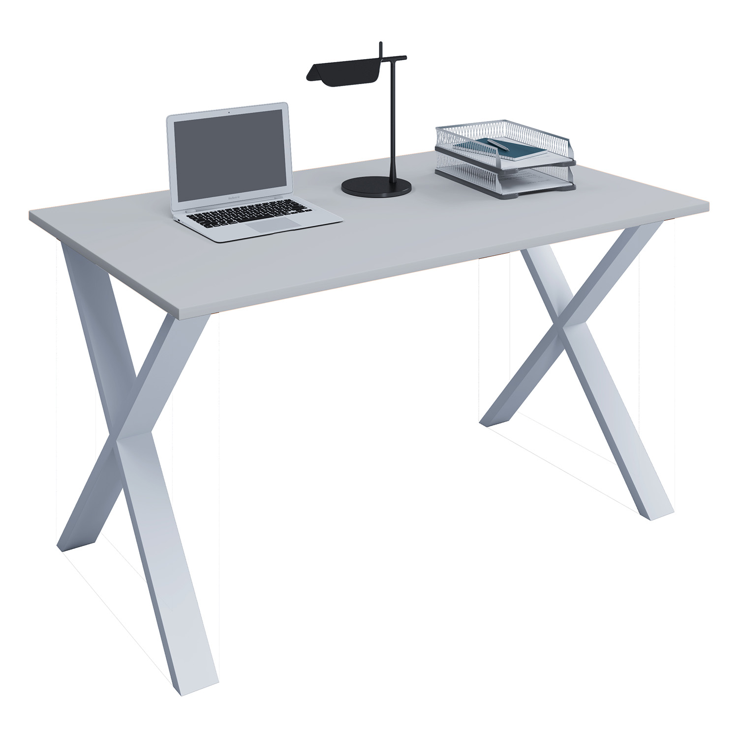 Lona X-feet skrivebord – grå træ og hvid metal (110×50)