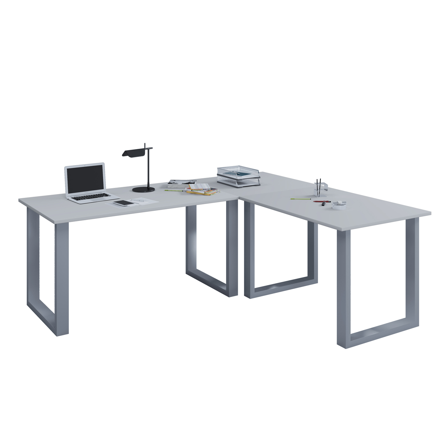 Lona U-feet hjørneskrivebord - grå træ og sølvgrå metal (160x160x80)
