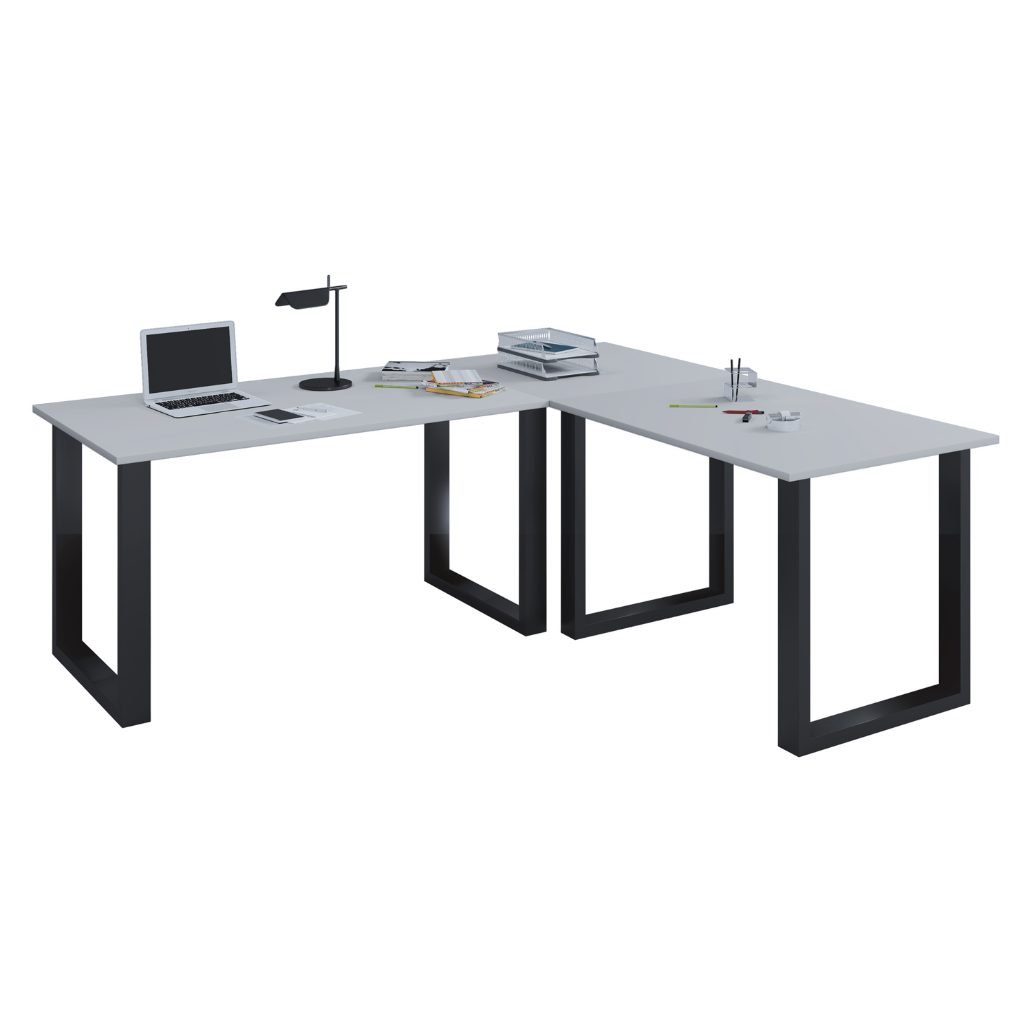 Lona U-feet hjørneskrivebord - grå træ og sort metal (220x160x80)