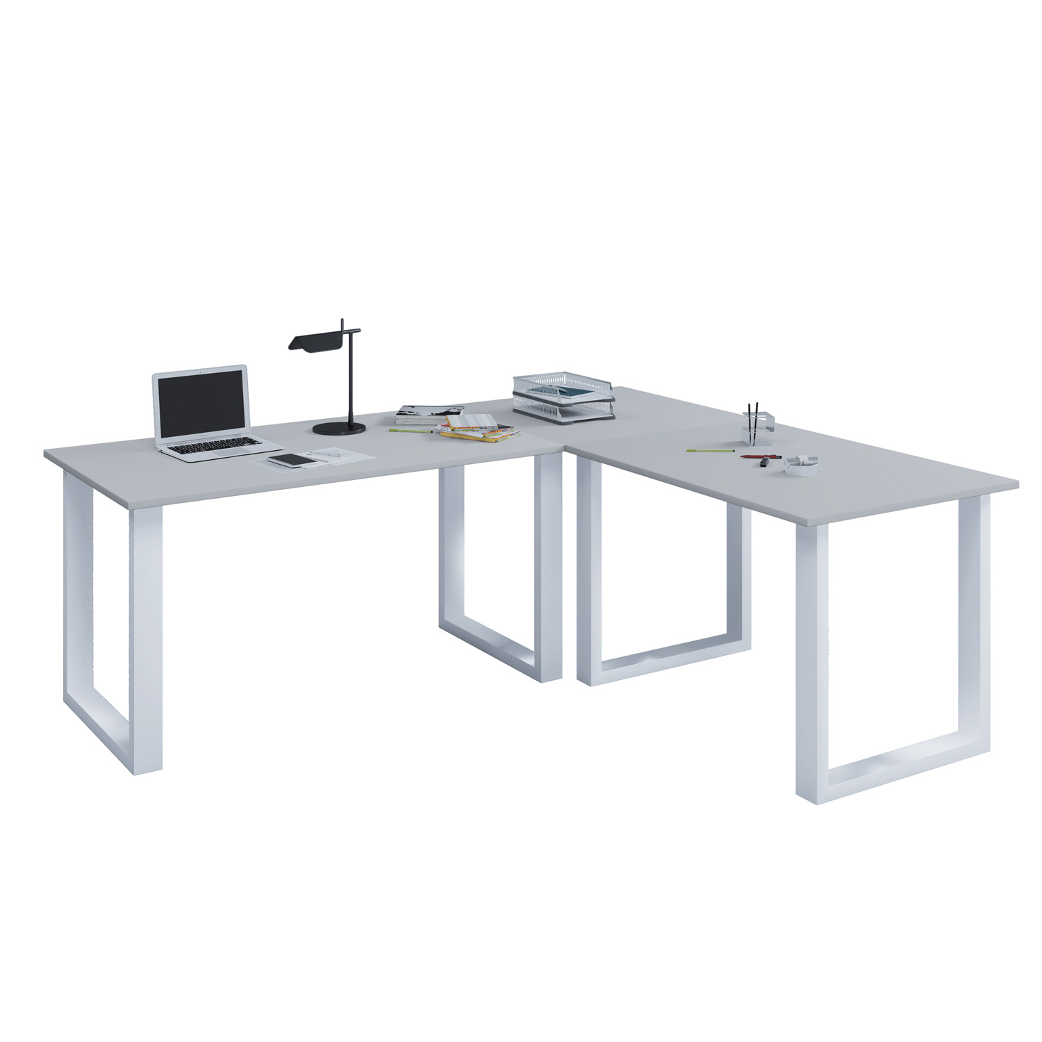 Lona U-feet hjørneskrivebord - grå træ og hvid metal (220x160x80)