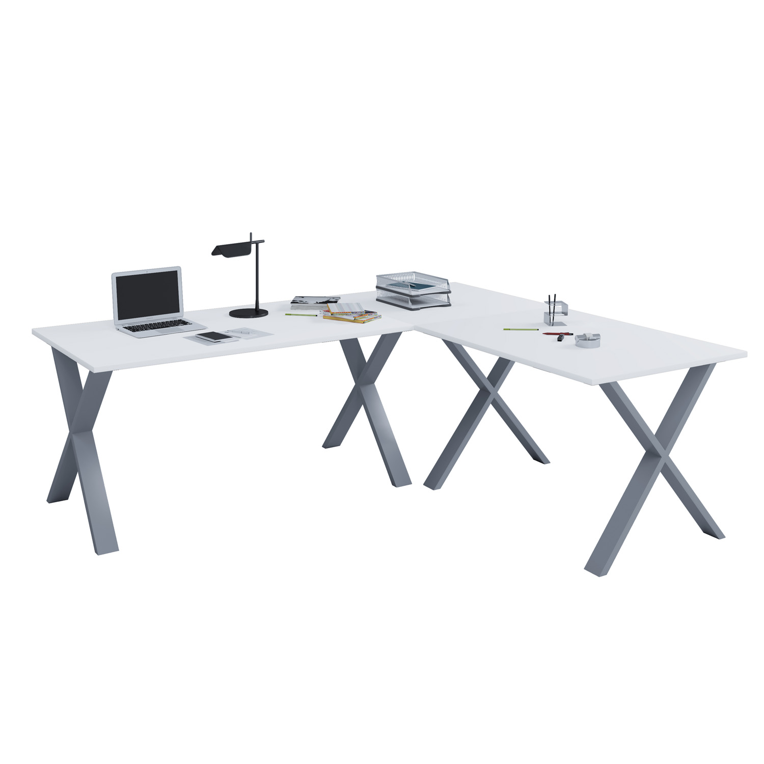 Lona X-feet hjørneskrivebord - hvid træ og sølvgrå metal (160x130x50)