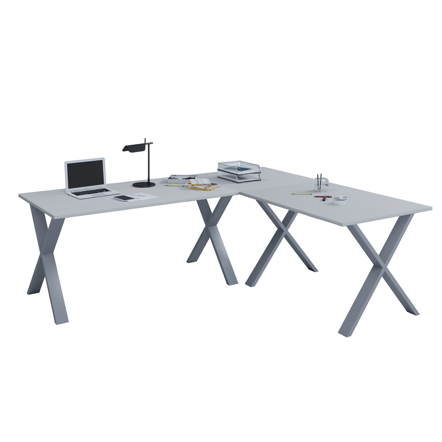 Lona X-feet hjørneskrivebord - grå træ og sølvgrå metal (160x130x50)