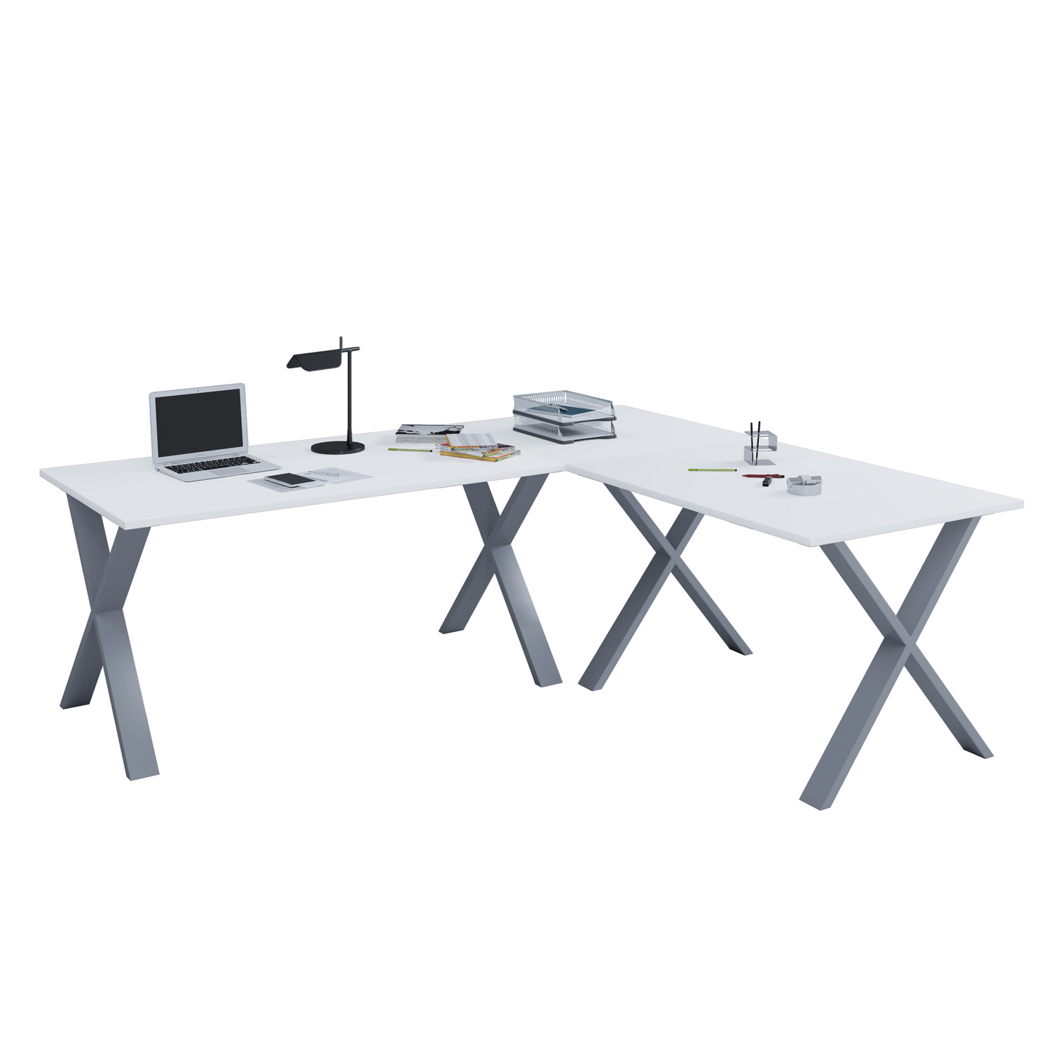 Lona X-feet hjørneskrivebord - hvid træ og sølvgrå metal (160x160x50)