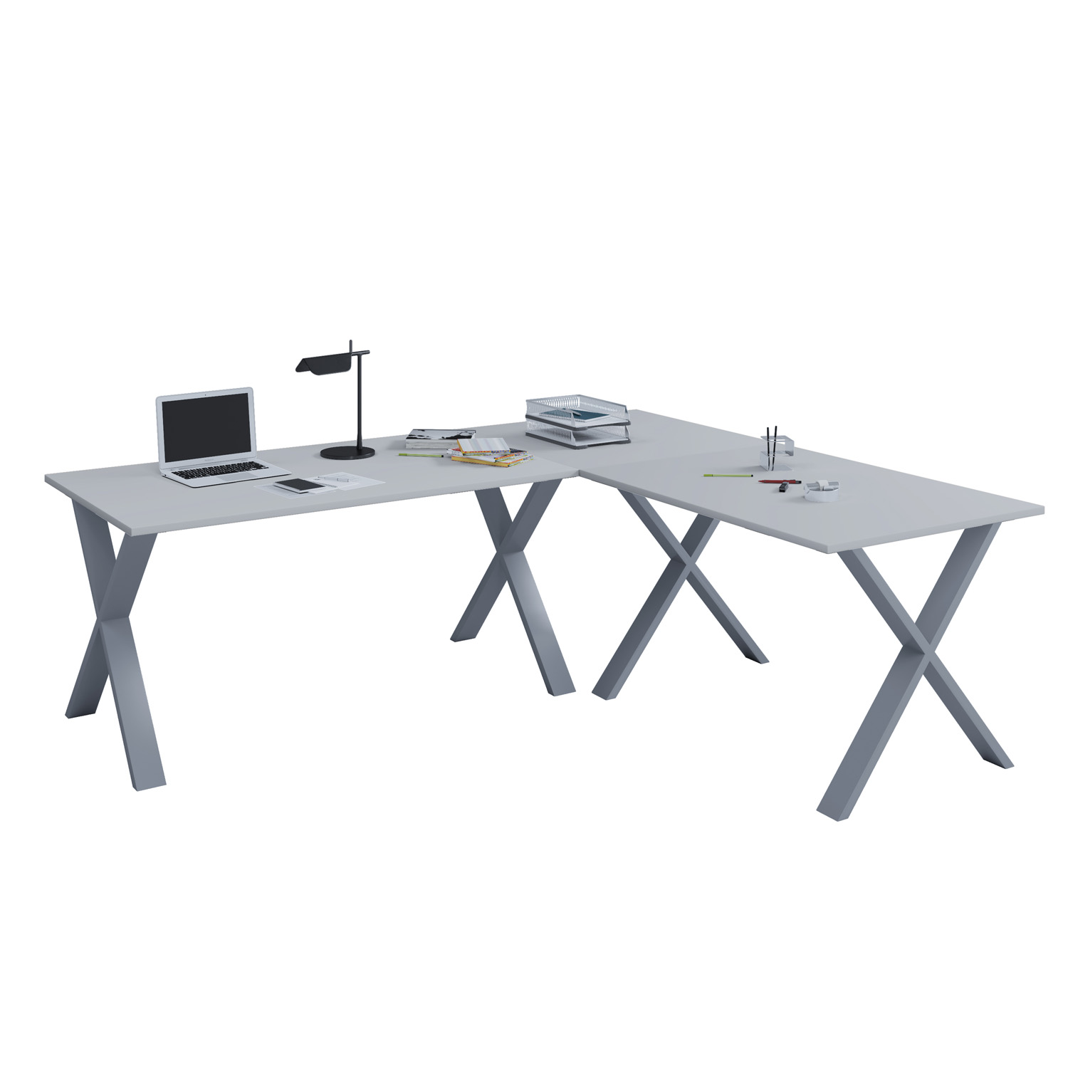 Lona X-feet hjørneskrivebord - grå træ og sølvgrå metal (190x160x50)