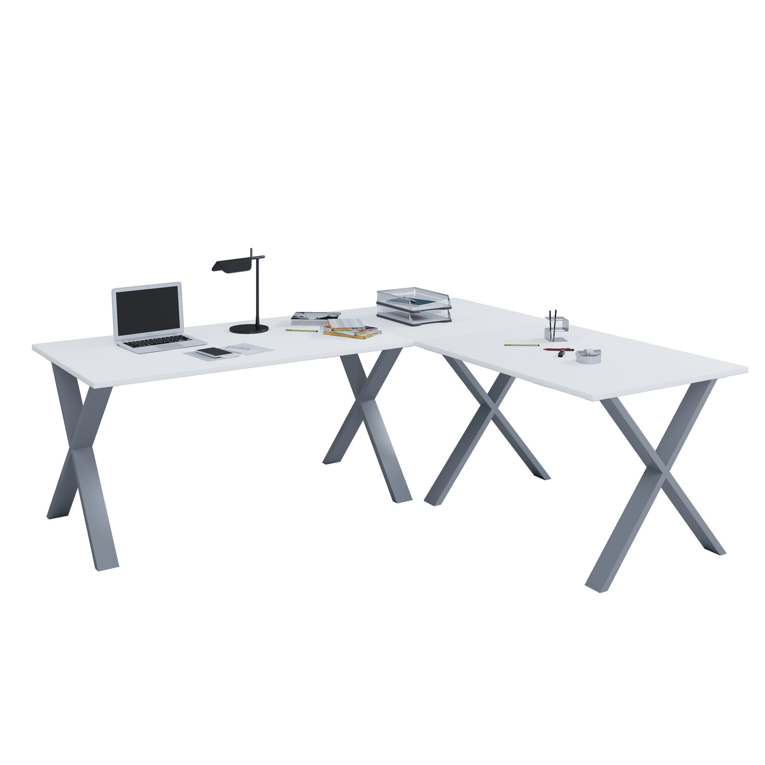 Lona X-feet hjørneskrivebord - hvid træ og sølv metal (220x160x80)