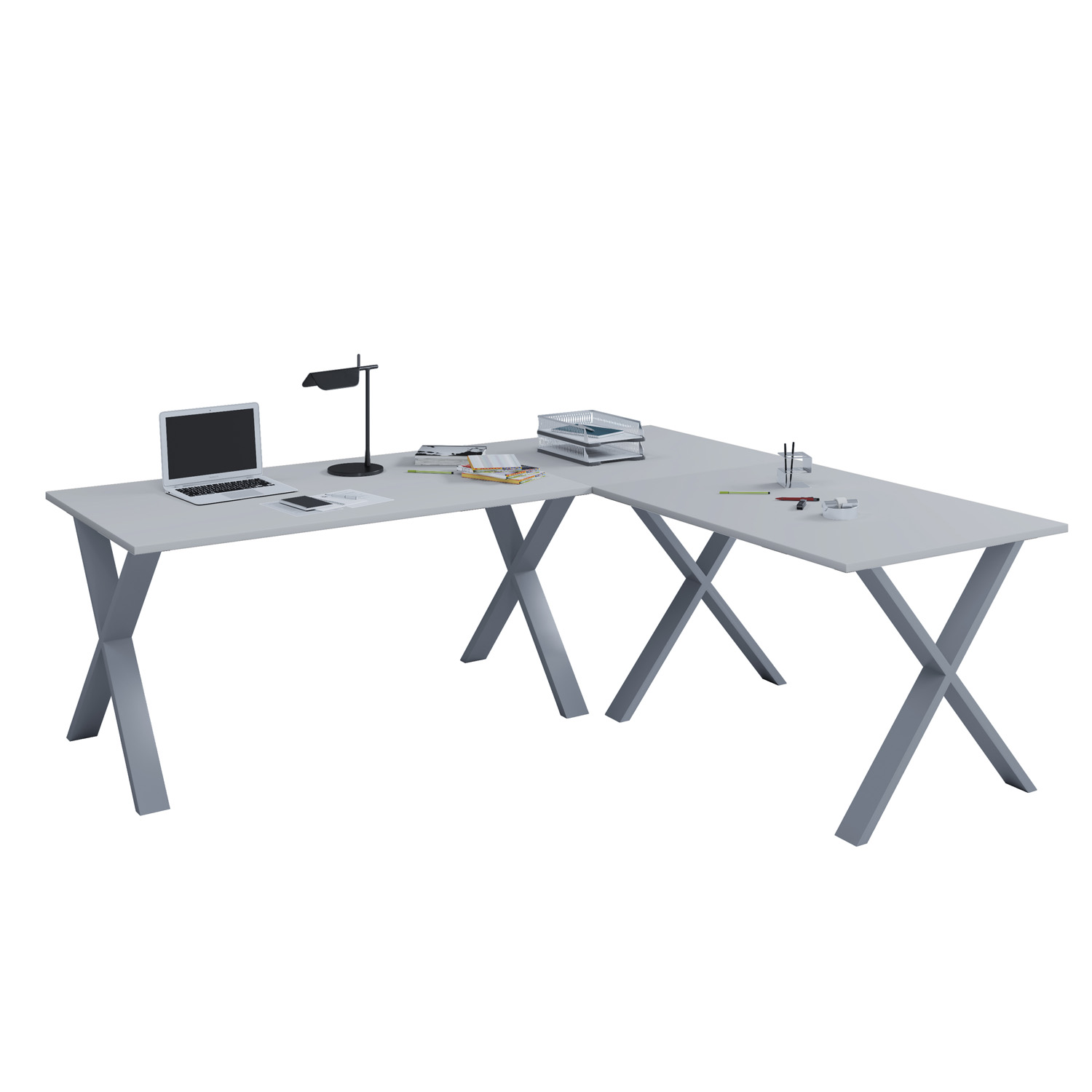 Lona X-feet hjørneskrivebord - grå træ og sølvgrå metal (220x220x80)