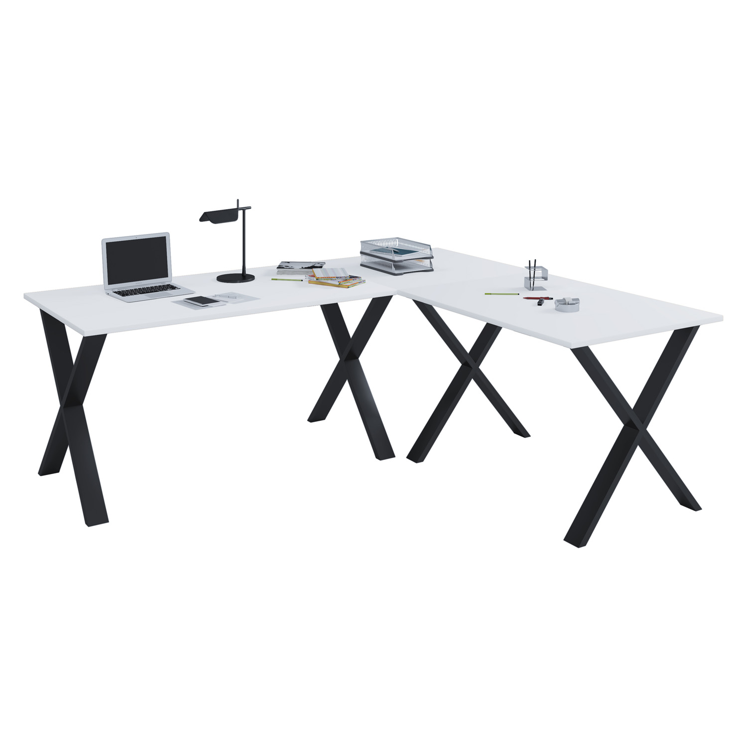 Lona X-feet hjørneskrivebord - hvid træ og sort metal (130x130x50)