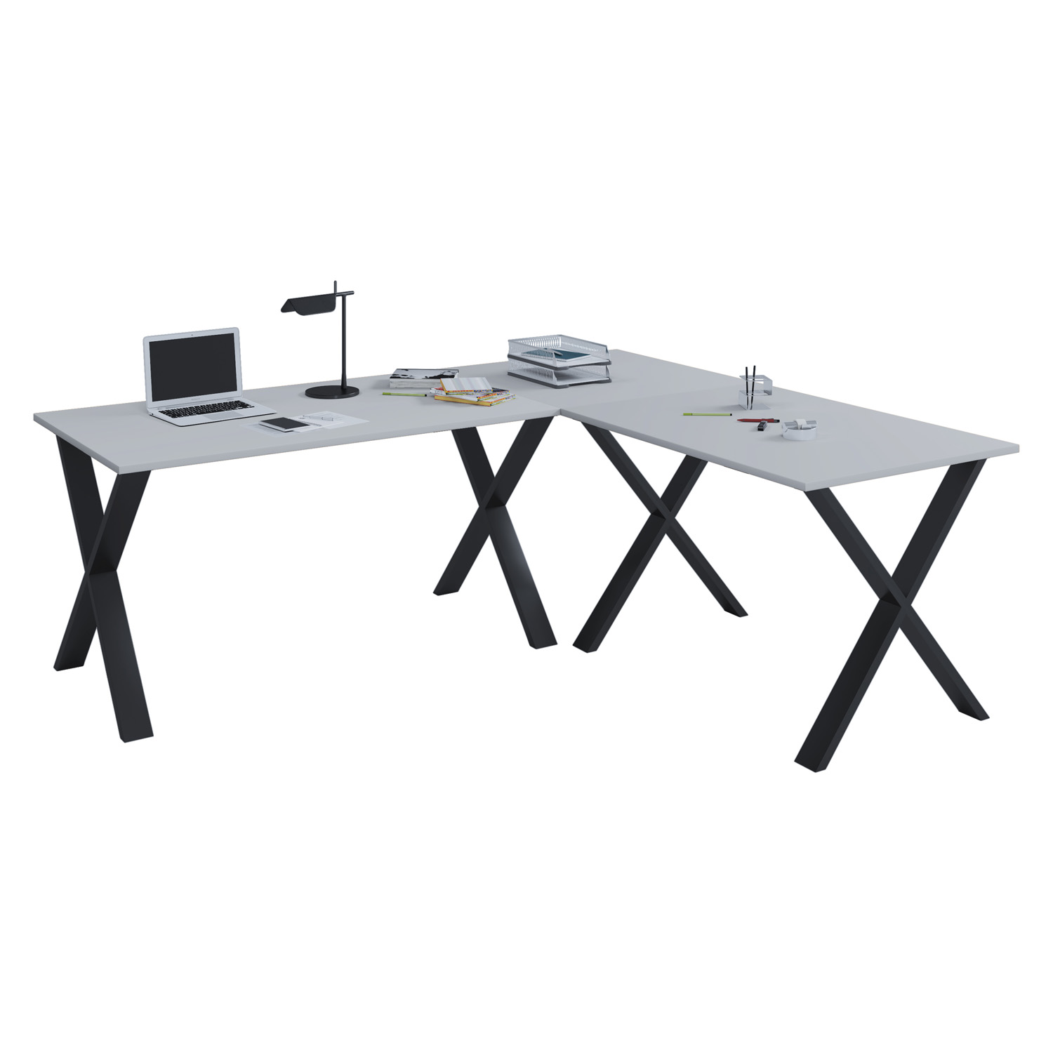 Lona X-feet hjørneskrivebord - grå træ og sort metal (160x130x50)