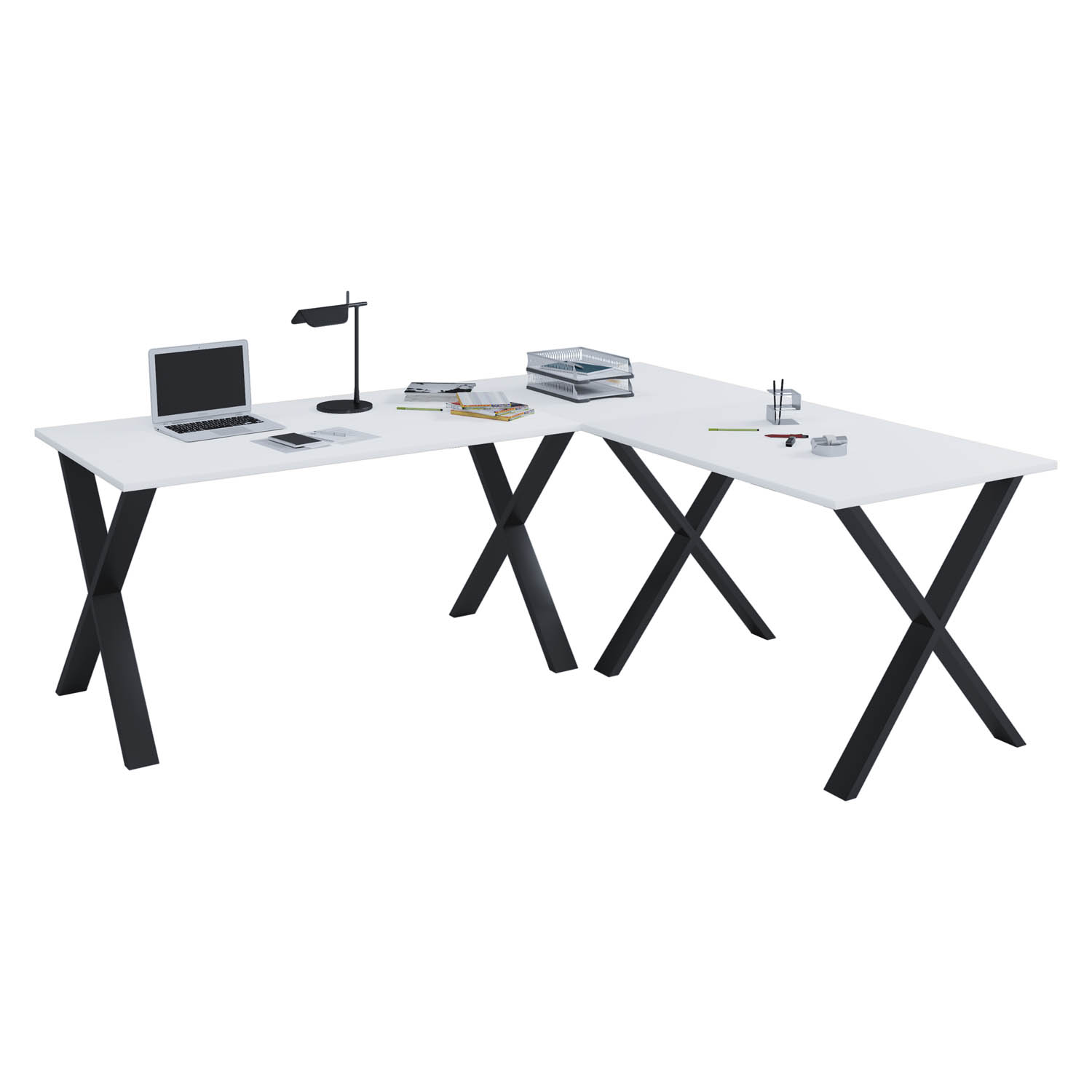 Lona X-feet hjørneskrivebord - hvid træ og sort metal (190x160x80)