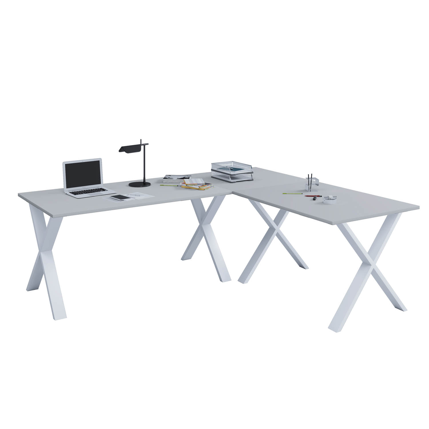 Lona X-feet hjørneskrivebord - grå træ og hvid metal (130x130x50)