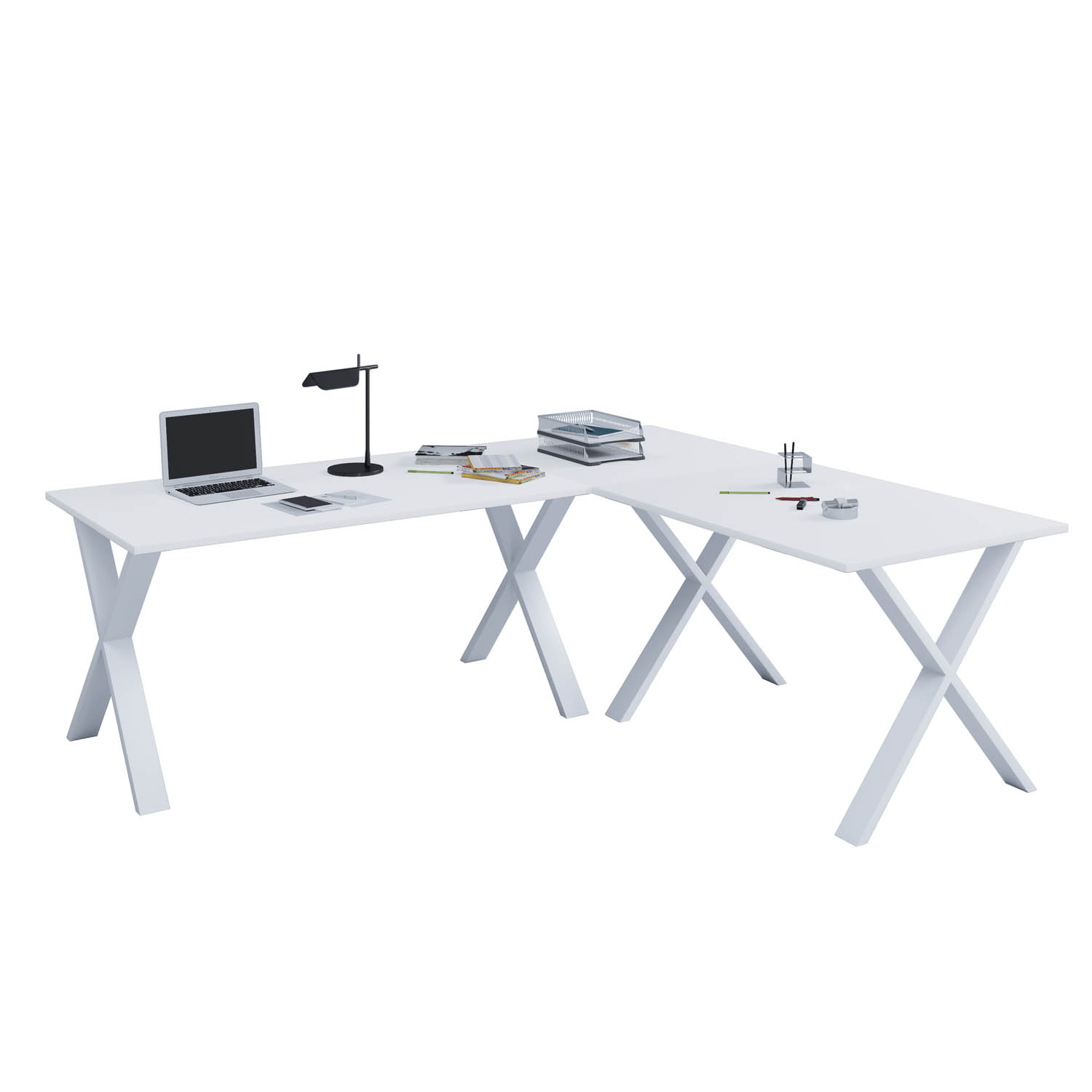 Lona X-feet hjørneskrivebord - hvid træ og metal (160x130x50)