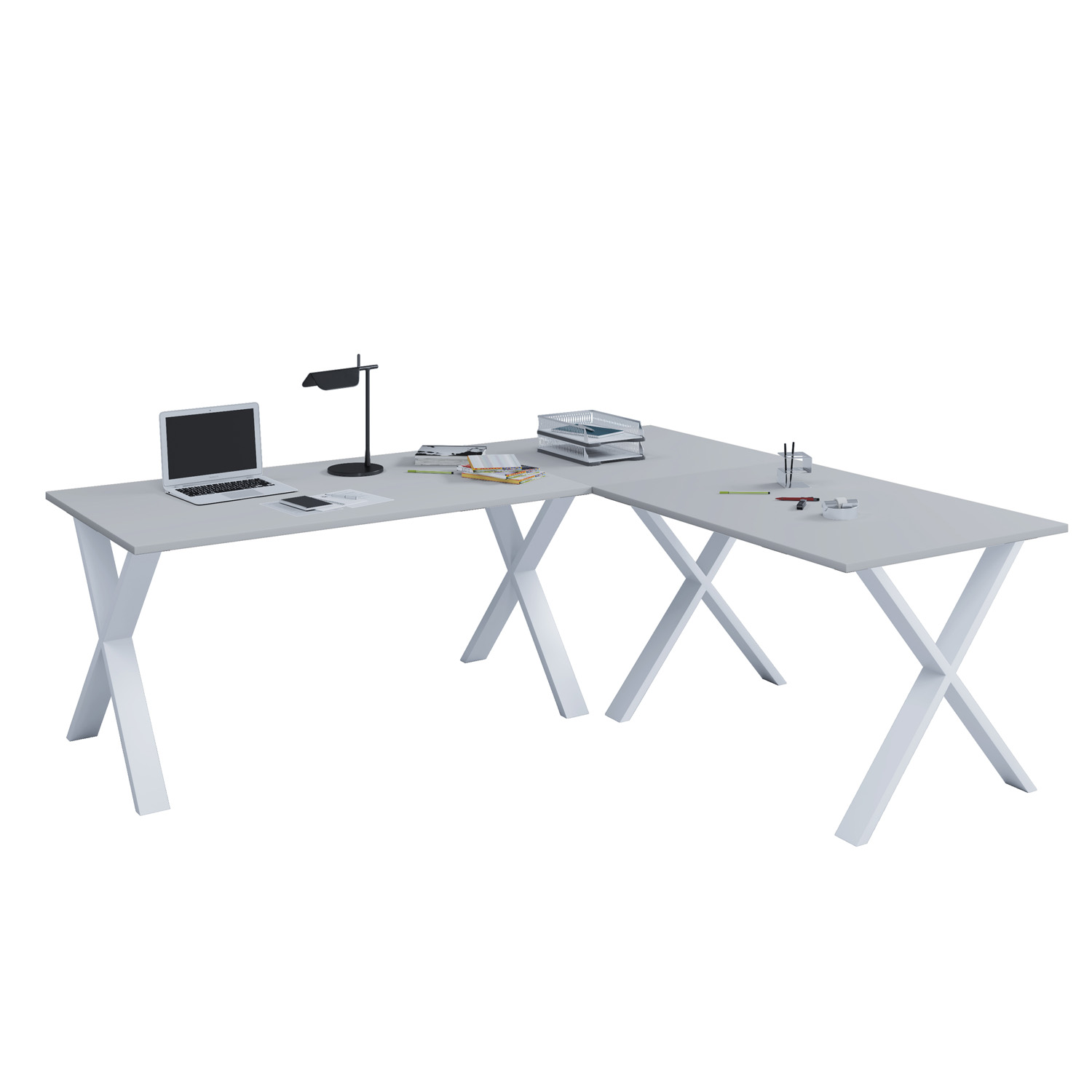 Lona X-feet hjørneskrivebord - grå træ og hvid metal (190x130x50)