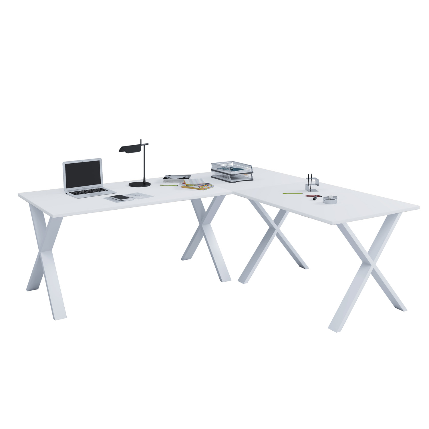 Lona X-feet hjørneskrivebord - hvid træ og metal (190x160x50)