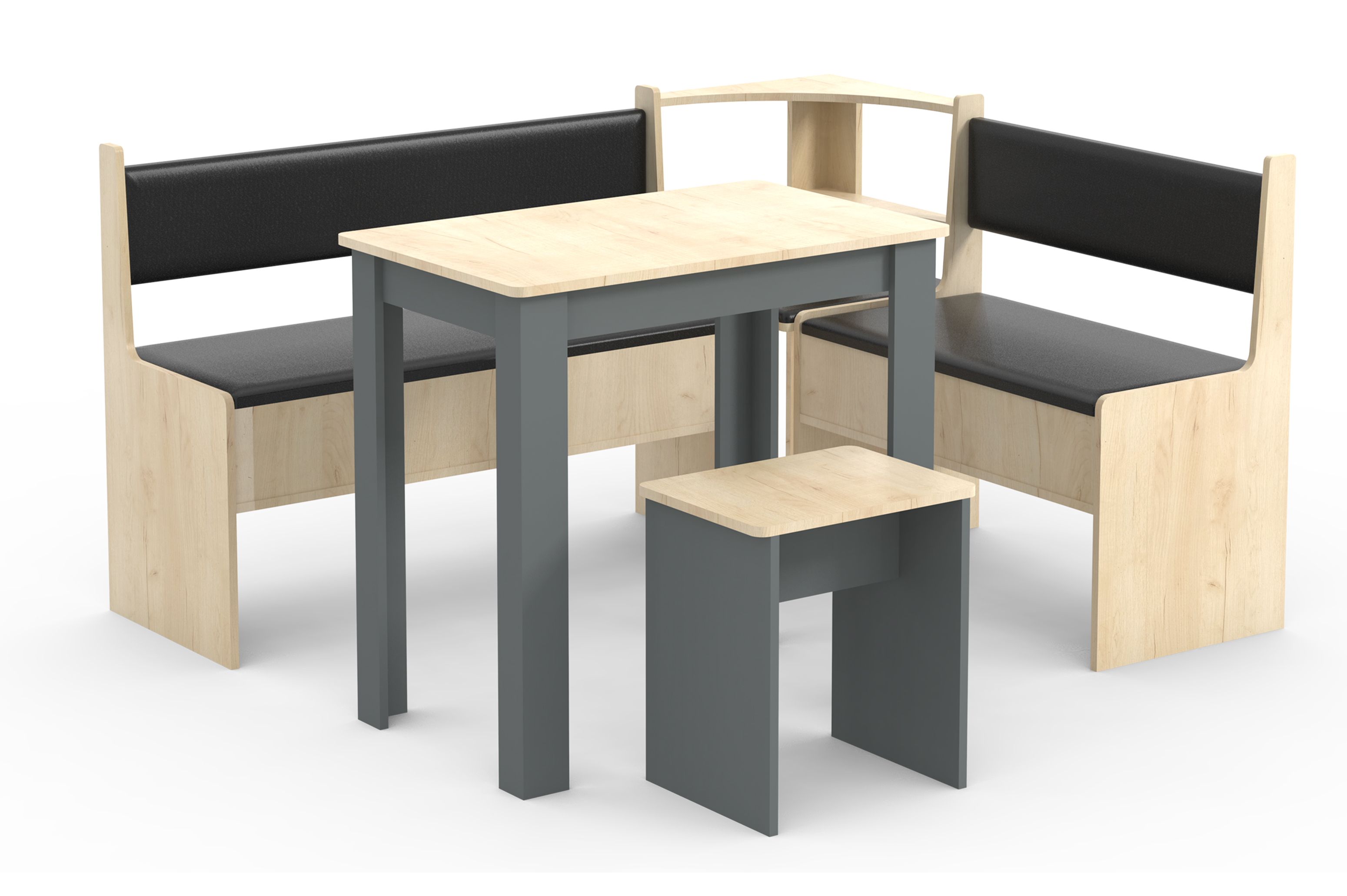 VCM NORDIC Esal Mini hjørnebænksæt, m. 1 bord, 2 bænke, 1 taburet - natur og antracitgrå træ