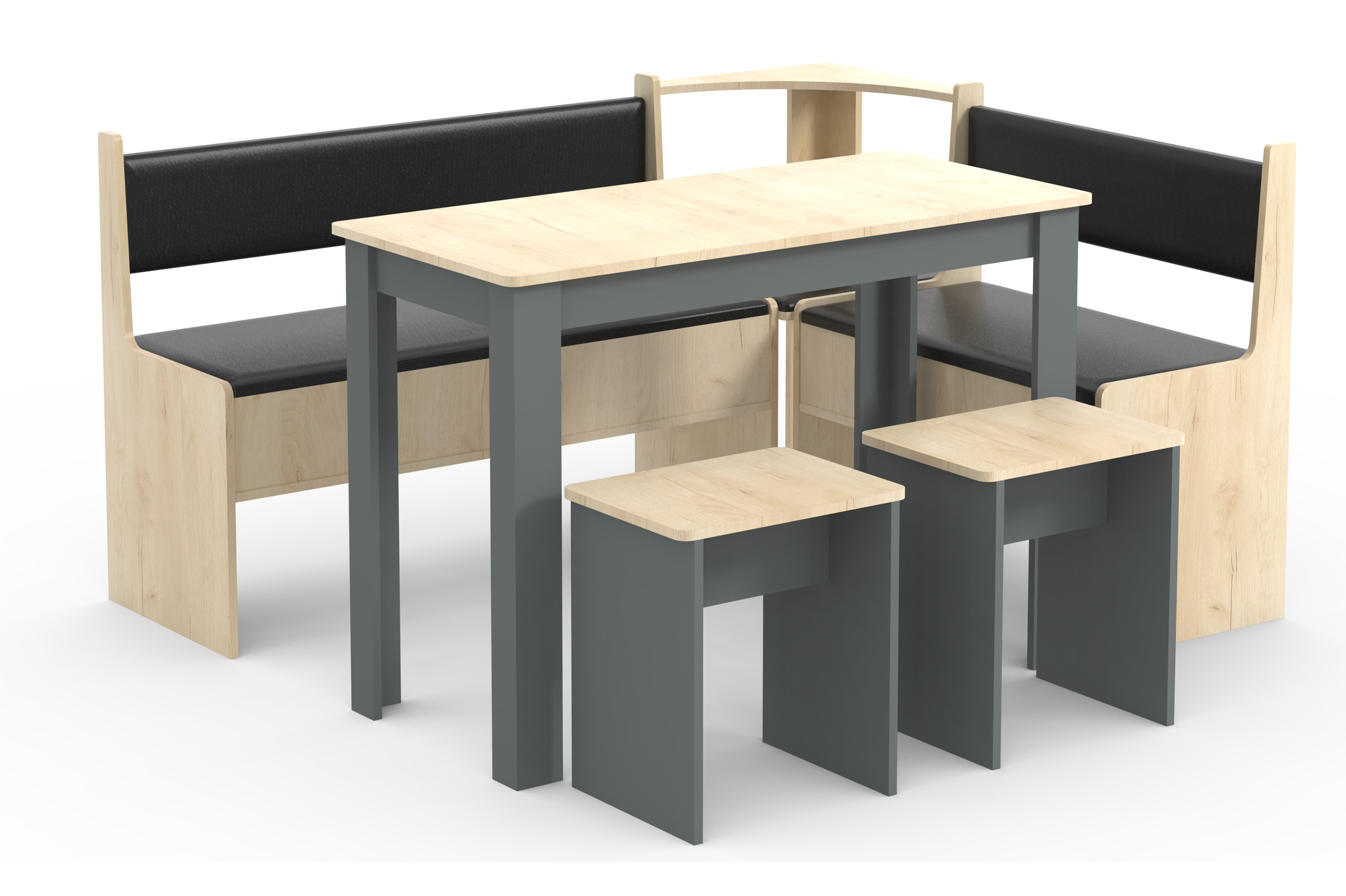 VCM NORDIC Esal Maxi hjørnebænksæt, m. 1 bord, 2 bænke, 2 taburetter - natur og antracitgrå træ