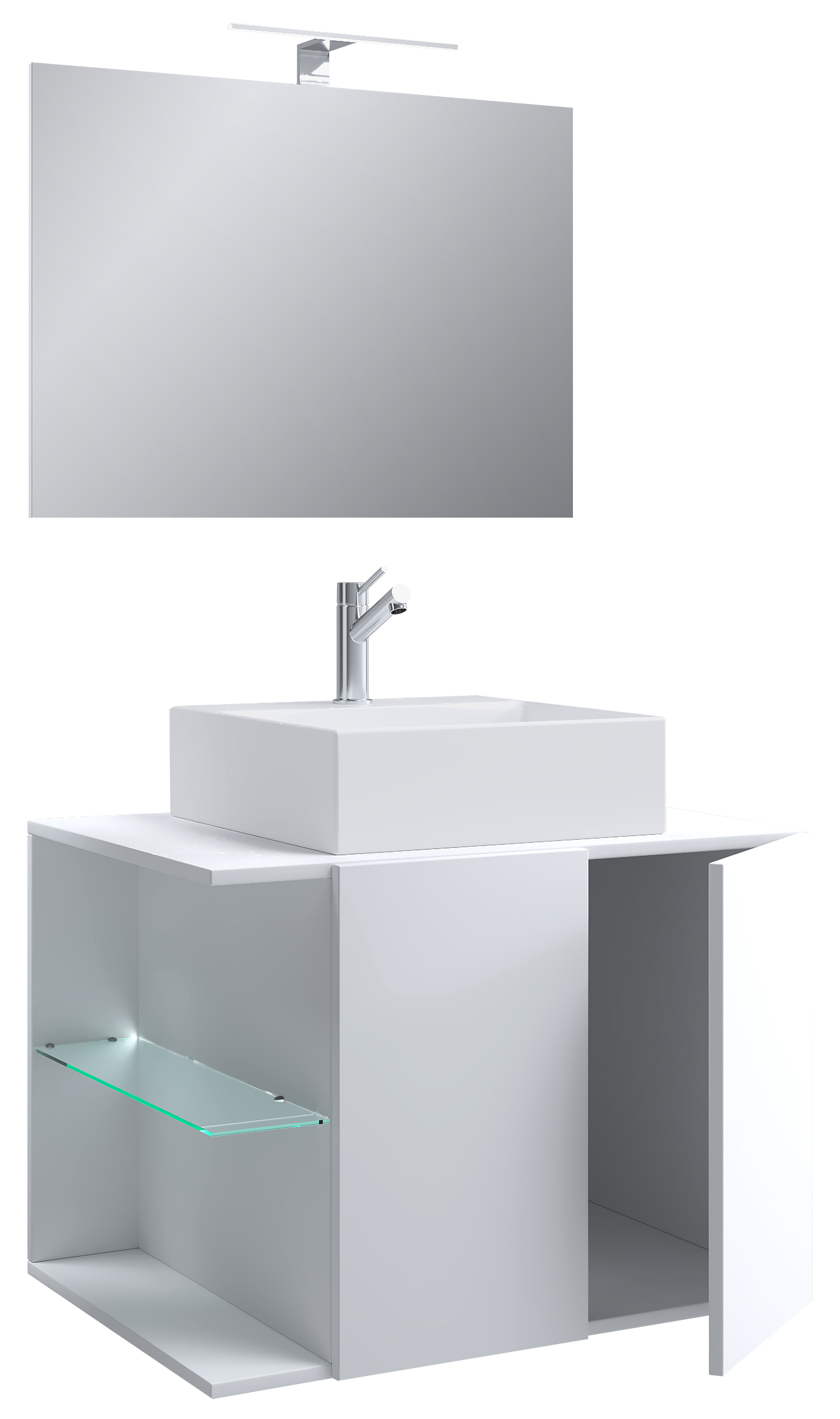 VCM NORDIC Hausa 2 døre 73 3-delt vaskeplads, m. spejl, keramik håndvask, 1 glashylde - hvid melamin