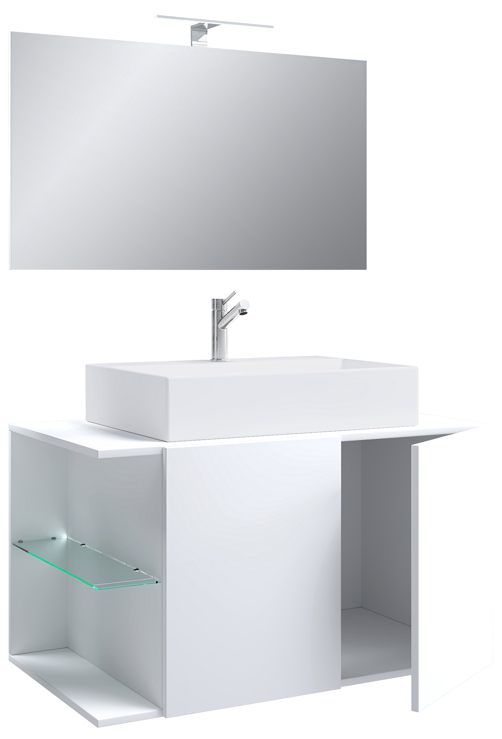 VCM NORDIC Hausa 2 døre 93 3-delt vaskeplads, m. spejl, keramik håndvask, 1 glashylde - hvid melamin