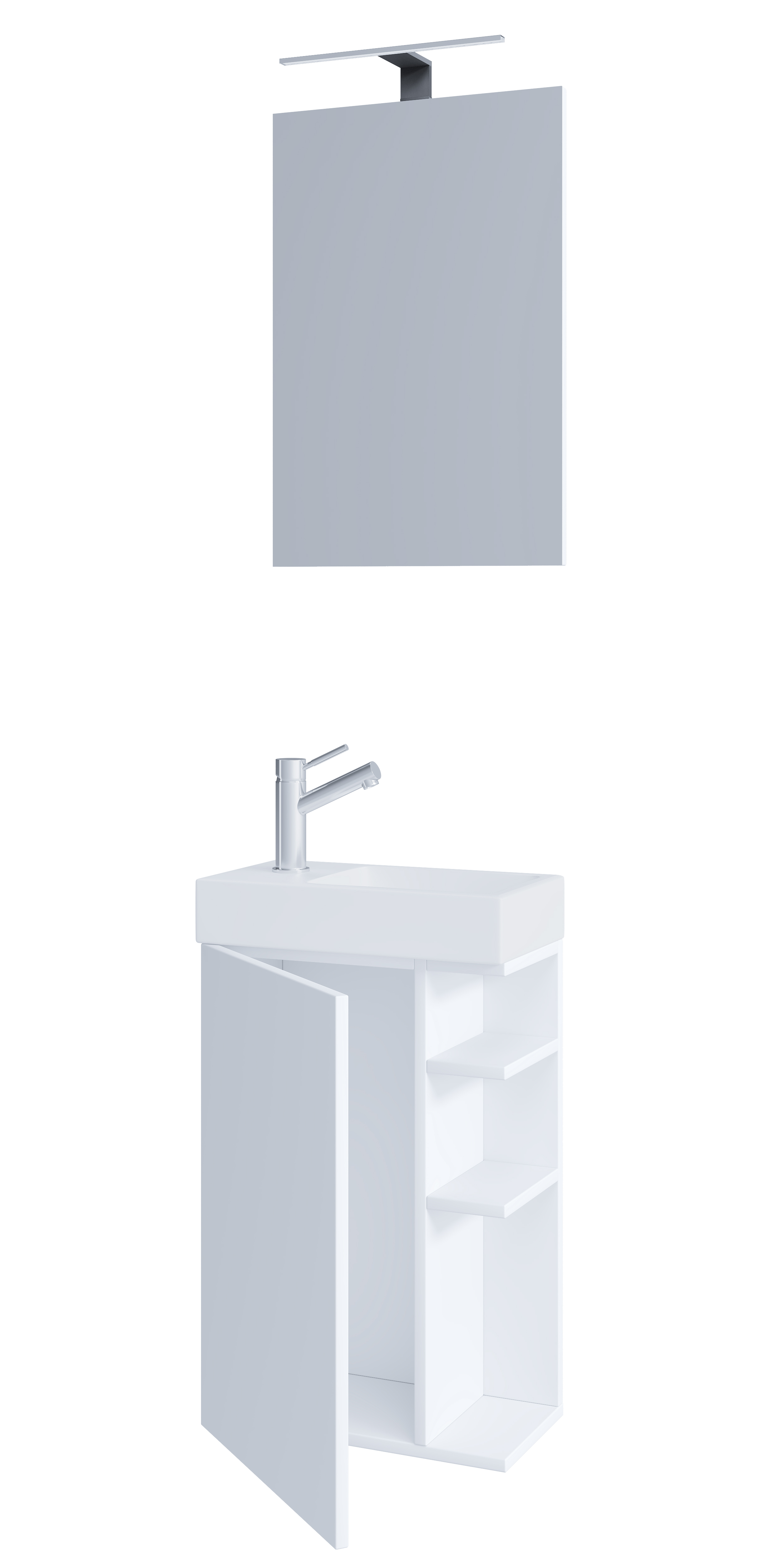 Billede af VCM NORDIC Lumia 3-delt gæstevaskeplads, m. spejl, håndvask, 1 låge, 2 hylder - keramik og hvid træ