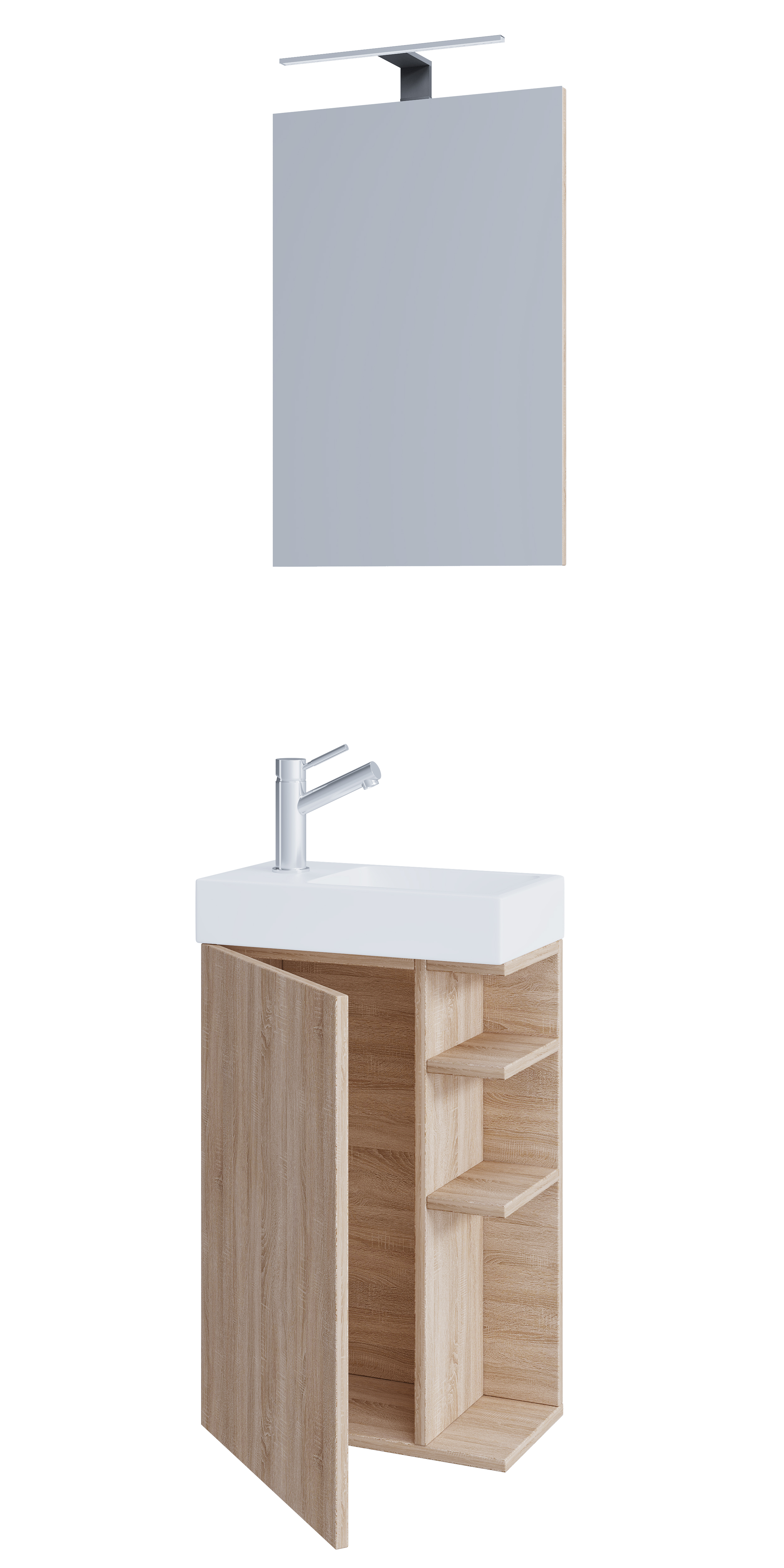 Billede af VCM NORDIC Lumia 3-delt gæstevaskeplads, m. spejl, håndvask, 1 låge, 2 hylder - keramik og natur træ