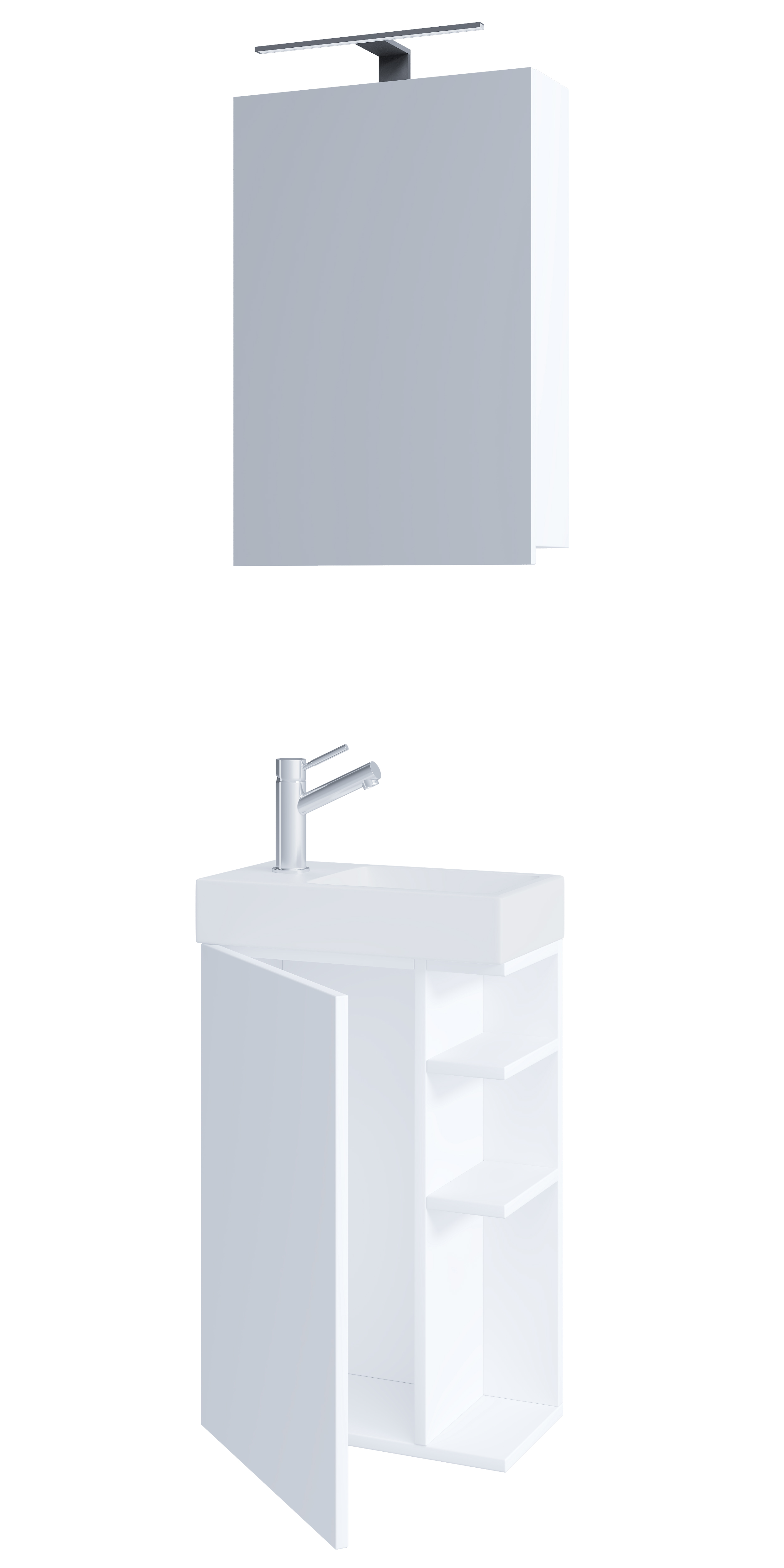 Billede af VCM NORDIC Lumia 3-delt gæstevaskeplads, m. spejlskab, håndvask, 1 låge, 2 hylder - hvid træ