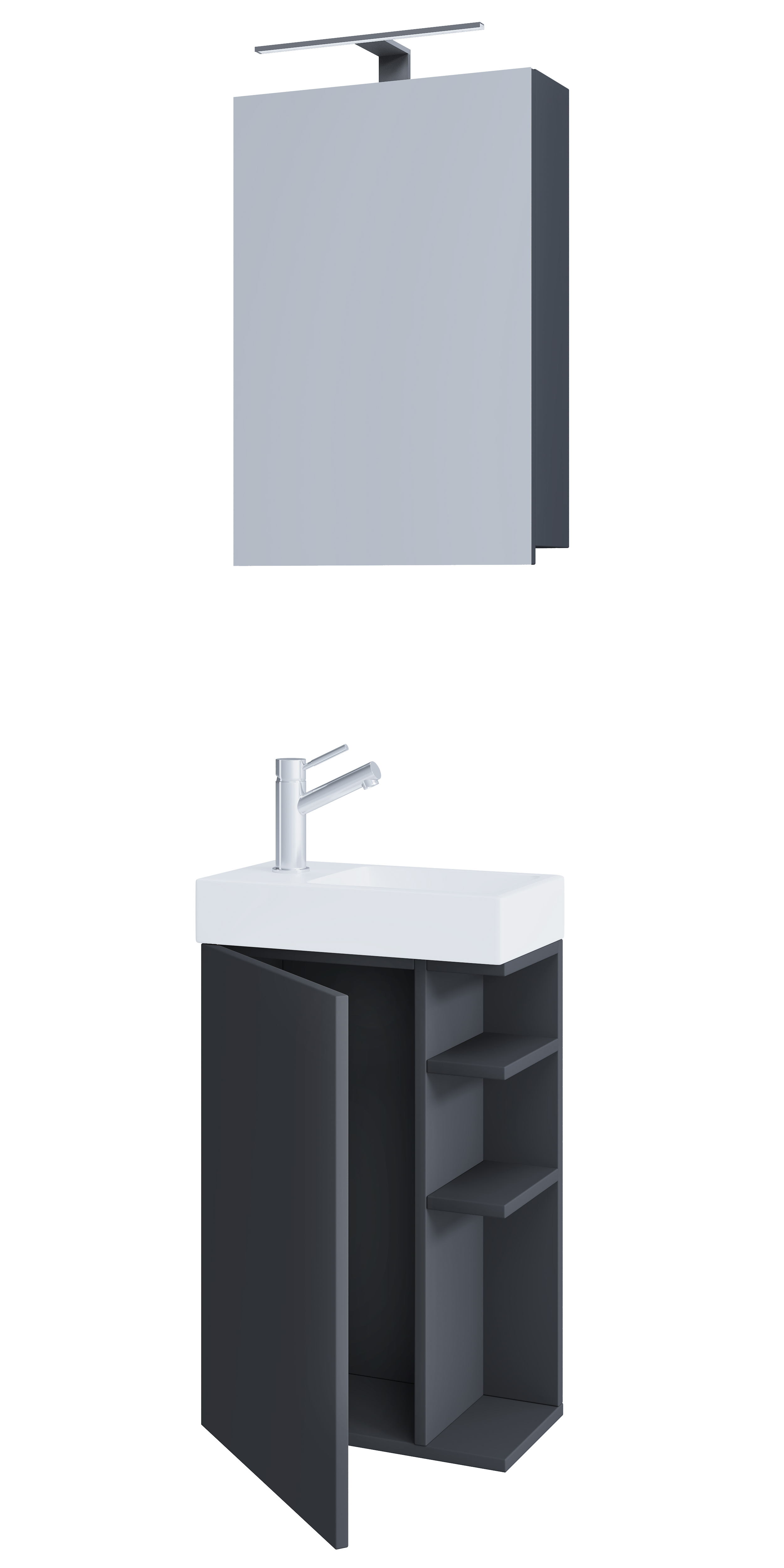 Billede af VCM NORDIC Lumia 3-delt gæstevaskeplads, m. spejlskab, håndvask, 1 låge, 2 hylder - antracitgrå træ