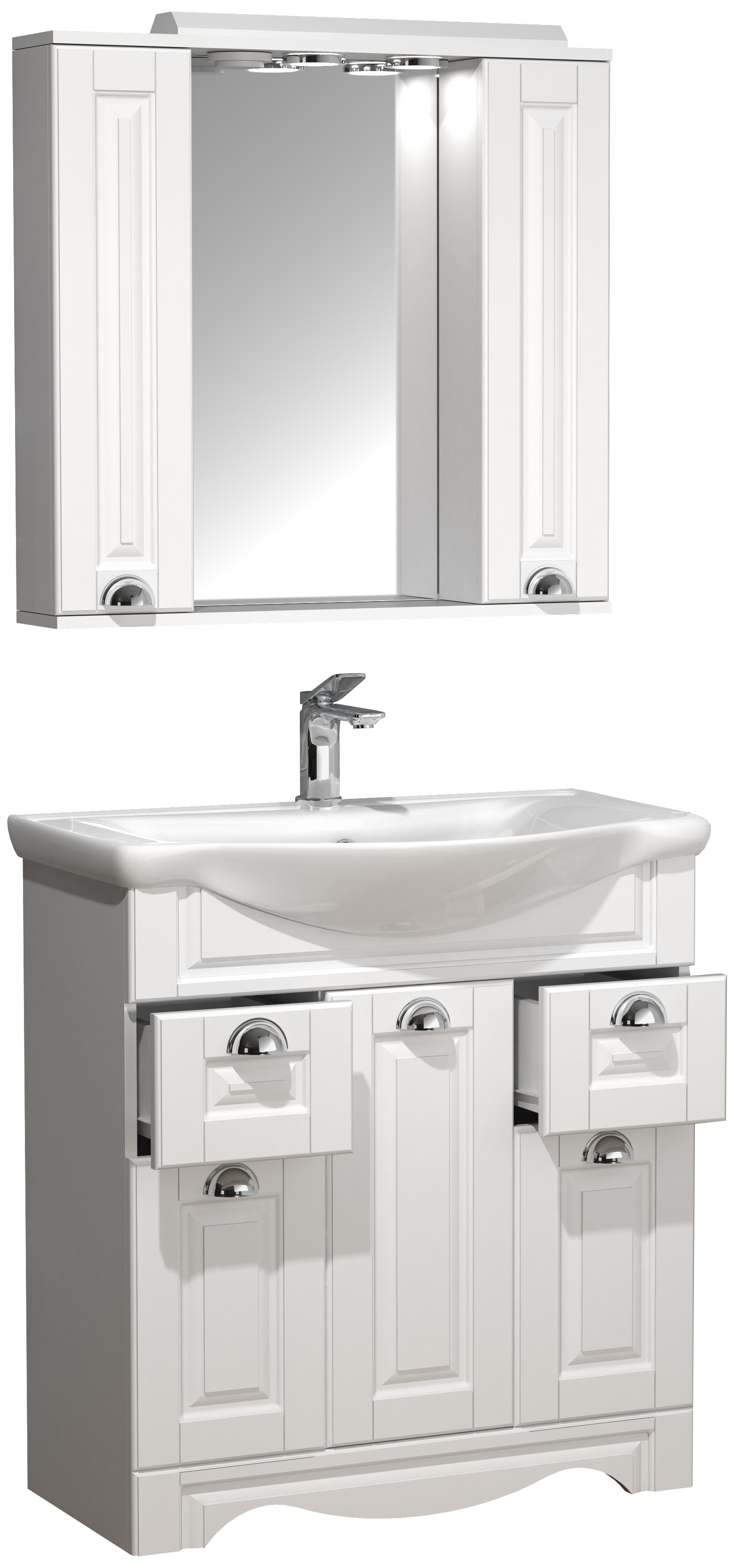 Billede af VCM NORDIC Casalo XL 3-delt vaskeplads, m. spejlskab, håndvask, 5 låger, 2 skuffer - hvid melamin