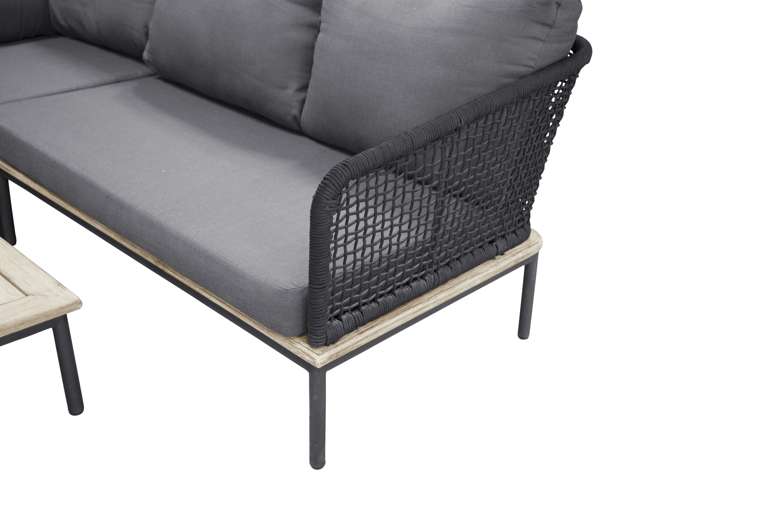 VENTURE DESIGN Andorra hjørne havesofa m. hynder - grå, natur akacietræ, sort aluminium og reb