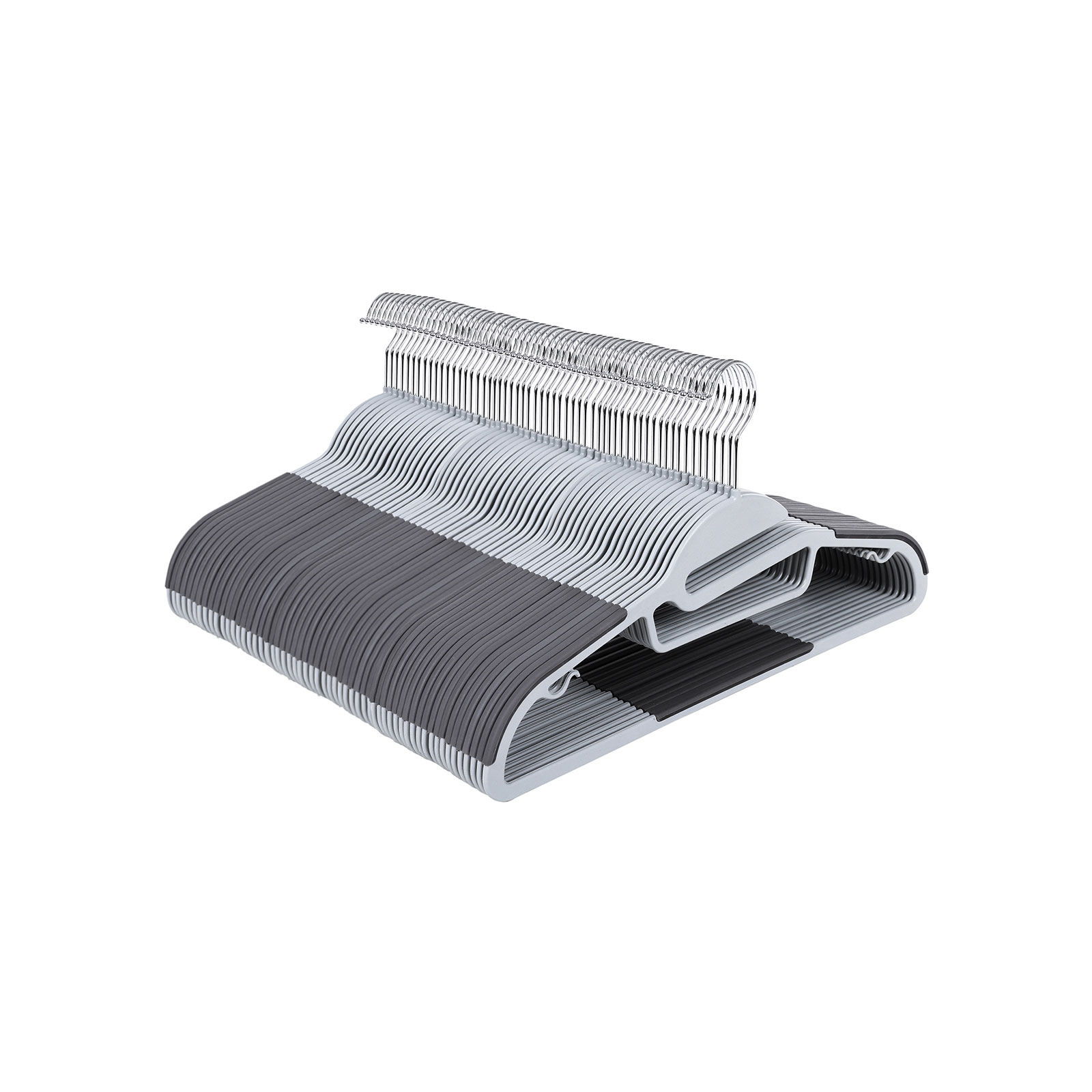 SONGMICS Sæt med 50 plastikbøjler, bøjler med U-formet åbning, skridsikre, pladsbesparende, 0,5 cm tykke, 41,5 cm lange, 360 ° drejelig krog, lys og mørkegrå CRP41G-50
