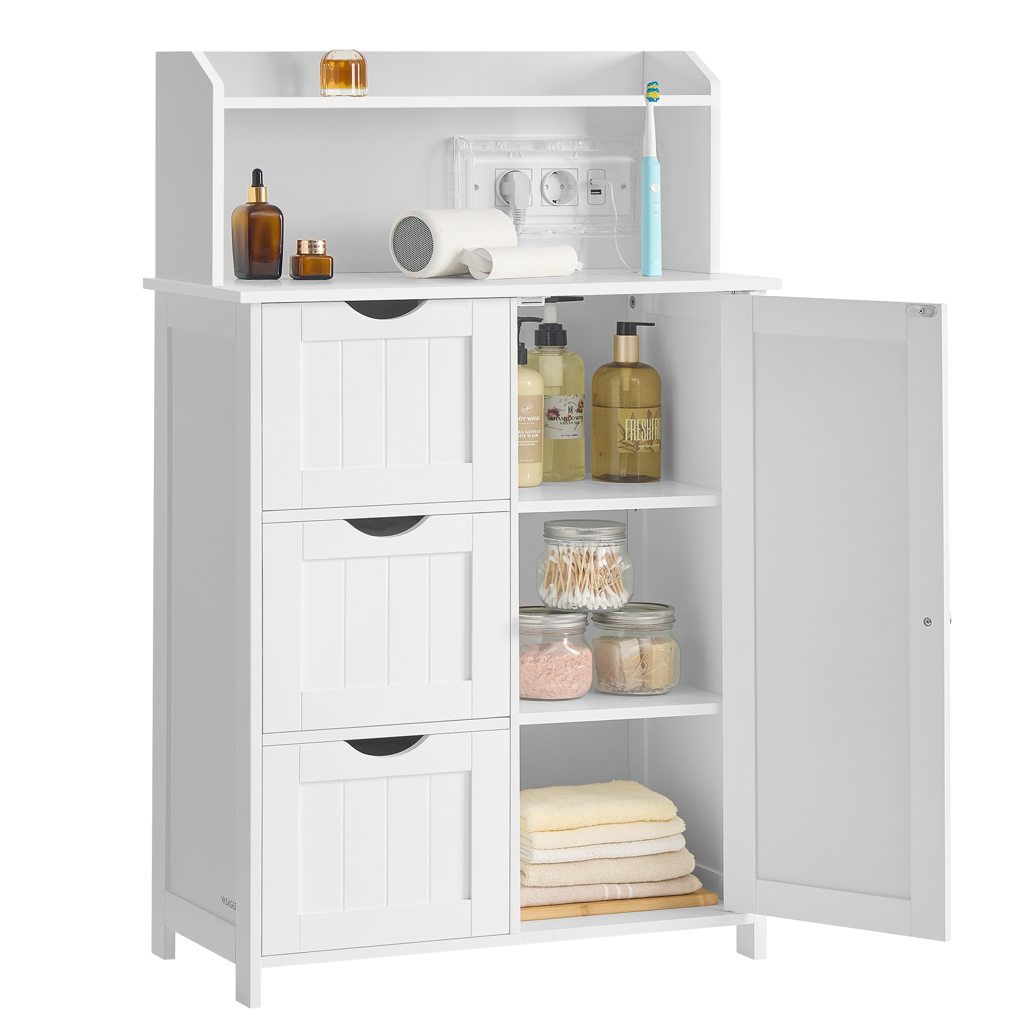VASAGLE Badeværelsesskab Stående med Dør Strømskinne Skuffer Skab til Toiletpapir Toiletskab Justerbare Hylder 30 x 60 x 100 cm Cloud White BBC775W03