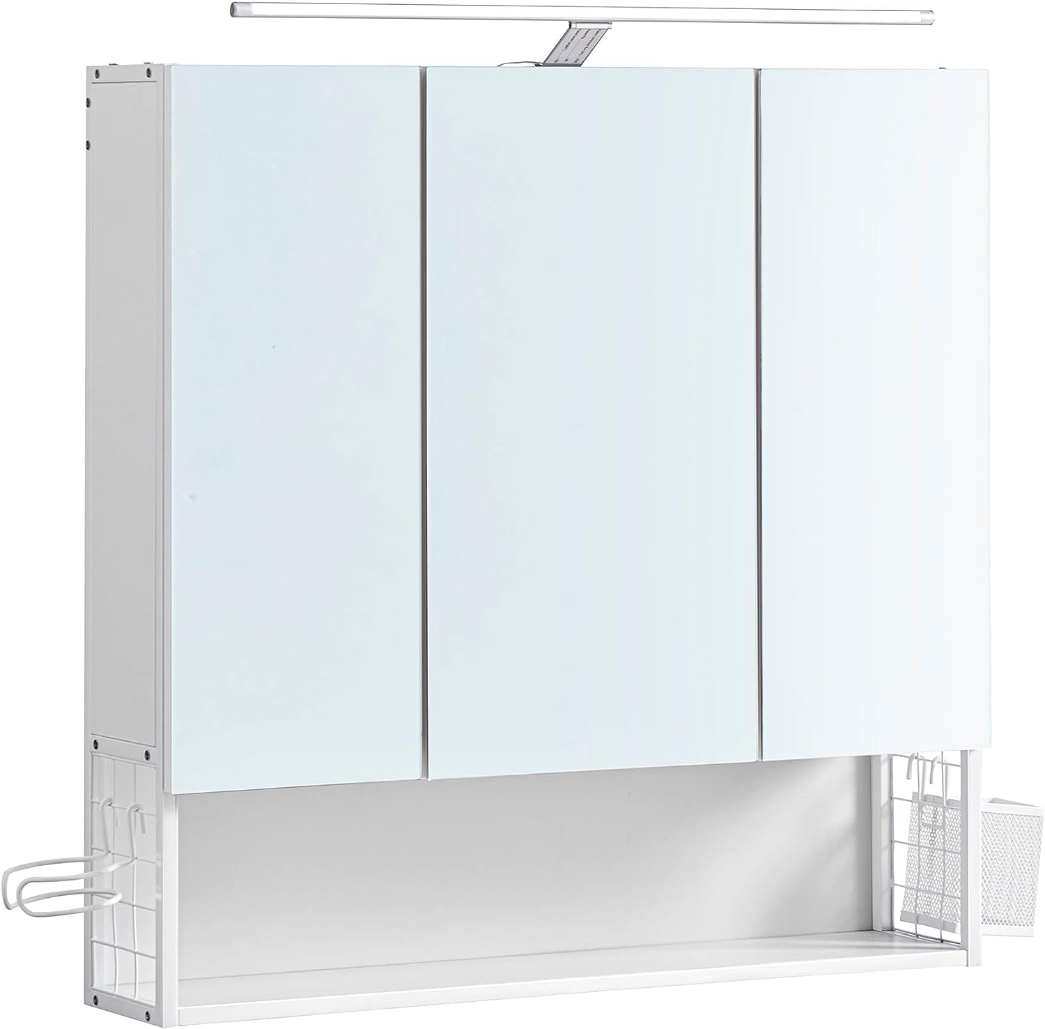 VASAGLE badeværelsesvægskab, m. spejl, LED-lampe, 3 låger, hylde, hårtørrerholder - hvid træ/stål