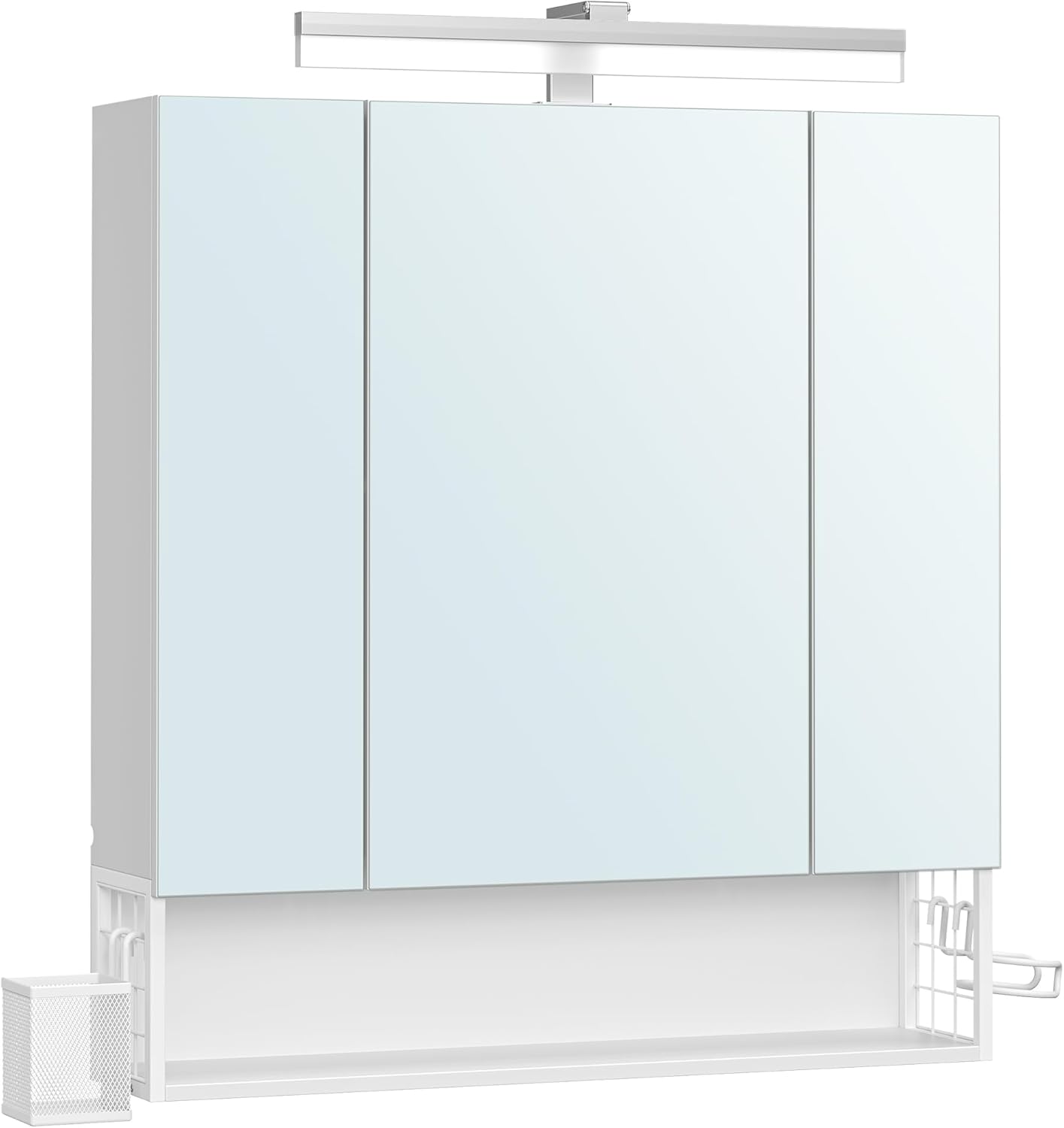 VASAGLE Badeværelsesskab med 3 døre, spejlskab, vægskab, stikkontakter, hængekurv, hårtørrerholder, masser af opbevaringsplads, til badeværelse, 16,5 x 70 x 75 cm, Cloudy White BBK126W01