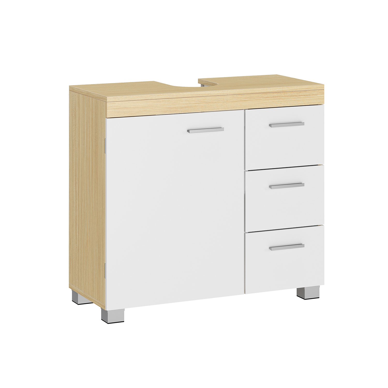 VASAGLE BBK503K01 Vaskeskab med 3 store skuffer, badeværelsesskab, 2 rum bag døren, badeværelsesskab med fødder, 30 x 70 x 64 cm, Cloud White/Naturbeige