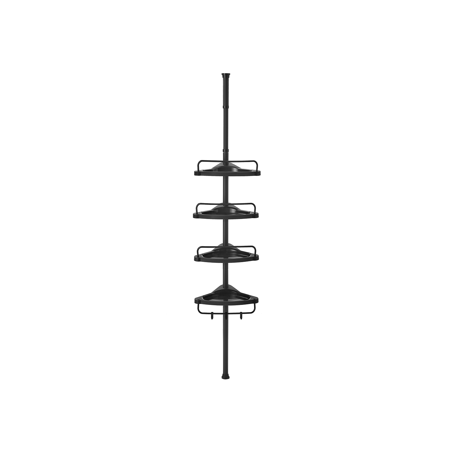 SONGMICS Justerbar badeværelseshjørnehylde, teleskopisk bruseholder, 85-305 cm, gulv til loft, med 4 bakker, 3 kroge, sort BCB001B01 billede