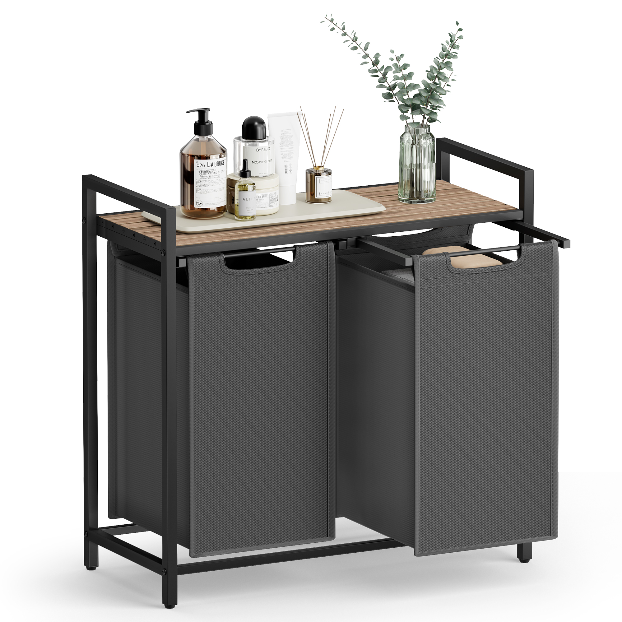 VASAGLE Vasketøjskurv, Vasketøjskurv med 2 rum, Udtrækbare og aftagelige vasketøjsposer, Vasketøjssortering, Hylde, Metalramme, 2 x 46L, 73 x 33 x 72 cm, Kamelbrun og Grå BLH201G50