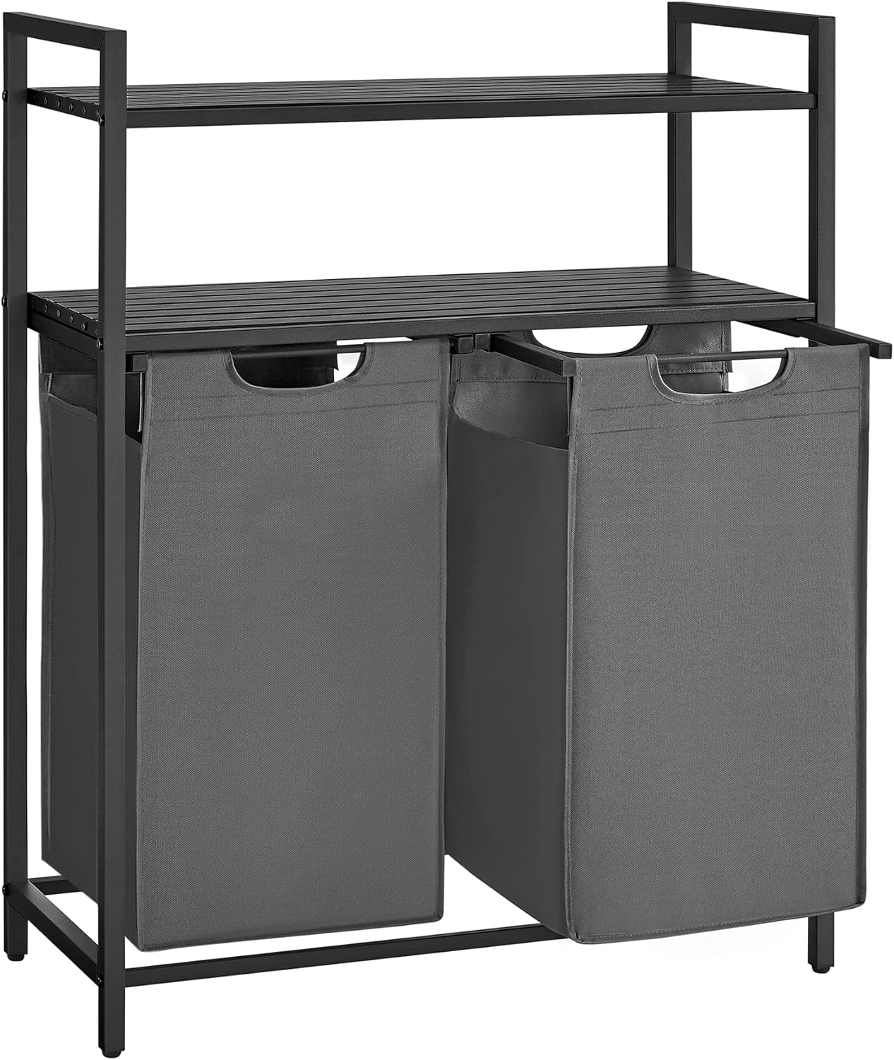 VASAGLE vasketøjskurv, m. 2 rum, 2 hylder, 2 udtrækkelige og aftagelige poser - grå stof/sort stål