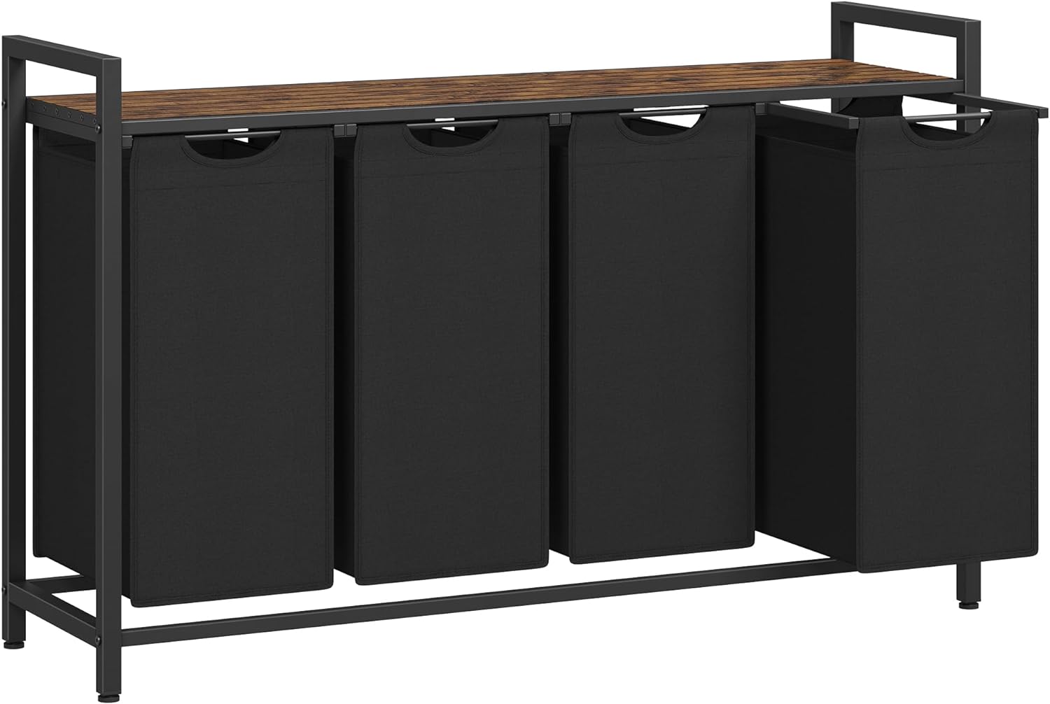 VASAGLE Vasketøjskurv, Vasketøjskurv med 4 rum, Udtrækbare og aftagelige vasketøjsposer, Vasketøjssortering, Hylde, Metalramme, 4 x 40 l, 116 x 33 x 72 cm, Rustik brun og sort BLH401B01