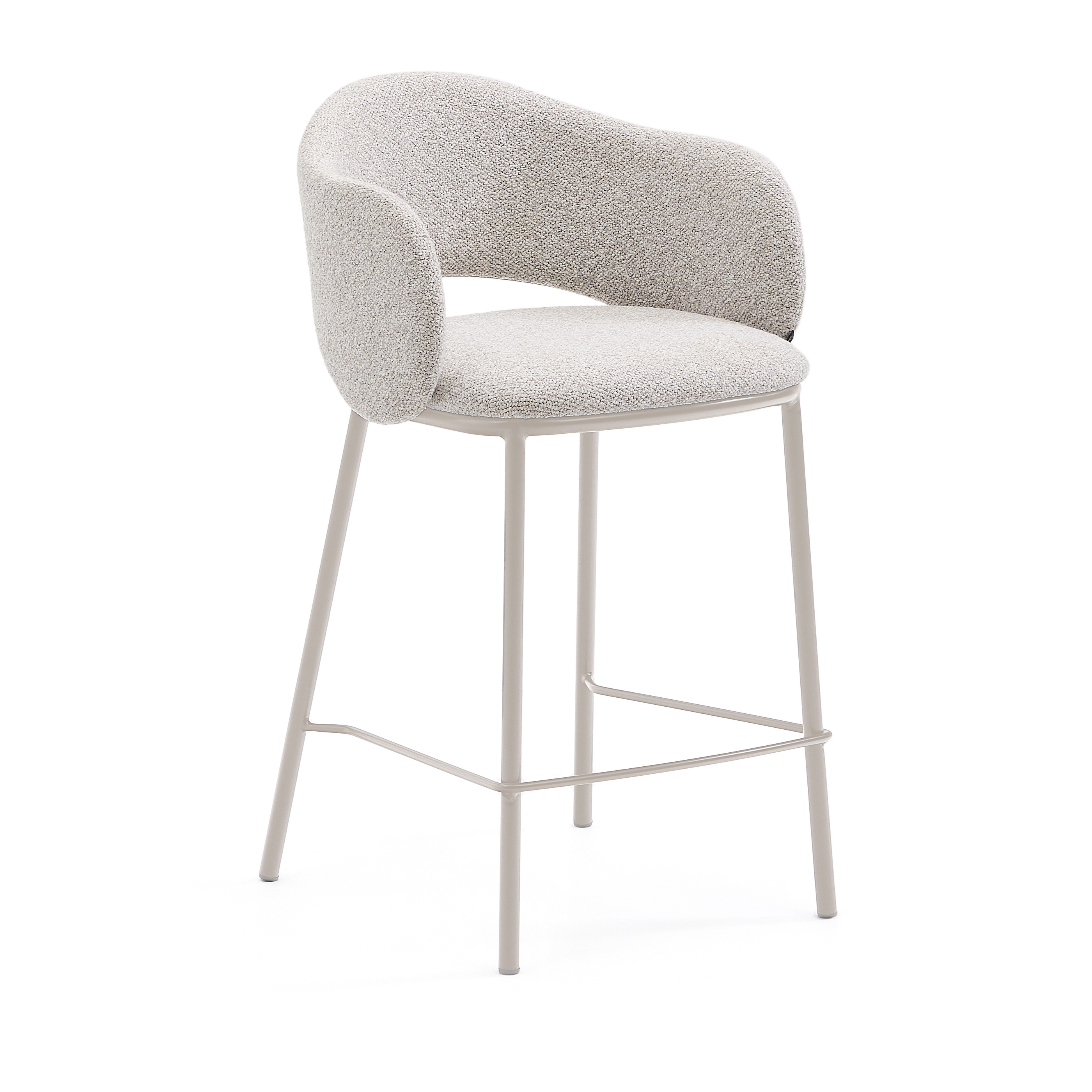 KAVE HOME Maina barstol, m. ryglæn armlæn, fodstøtte - tyk beige chenille og beige stål (65cm)