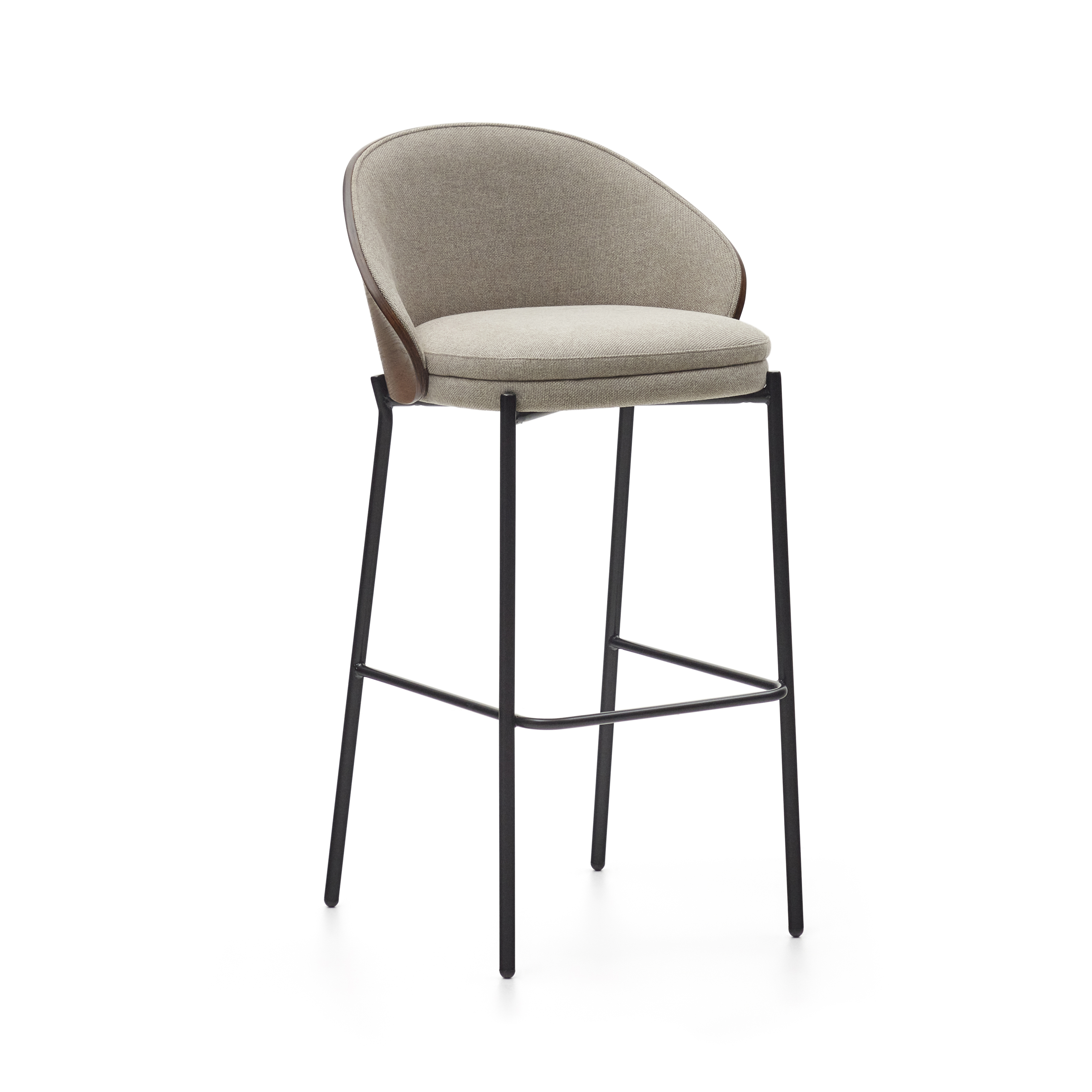 LAFORMA Eamy barstol, m. ryglæn og fodstøtte - lysebrun stof, brun askefinér og sort stål