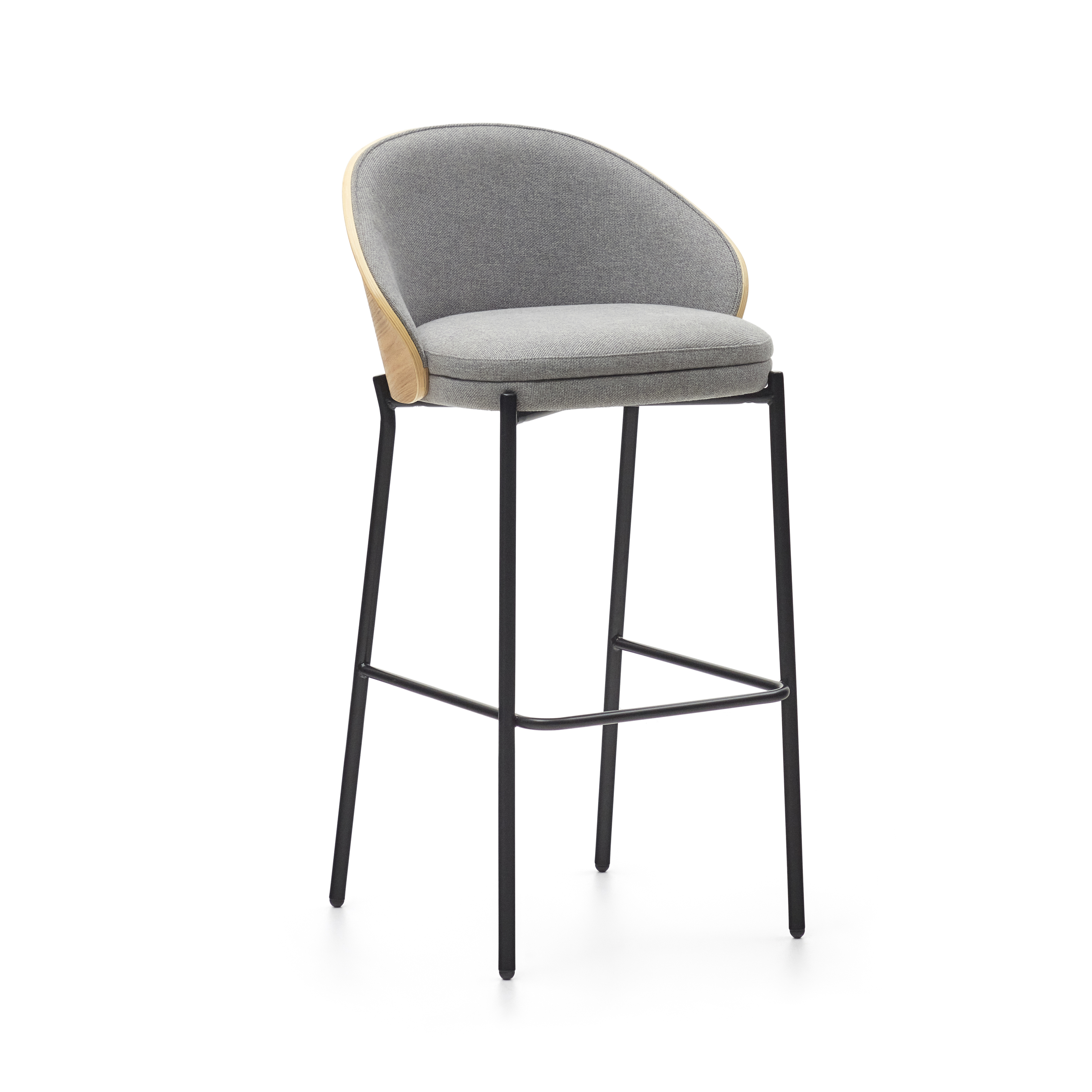 LAFORMA Eamy barstol, med ryggstöd och fotstöd - ljusgrått tyg, naturlig askfaner och svart stål