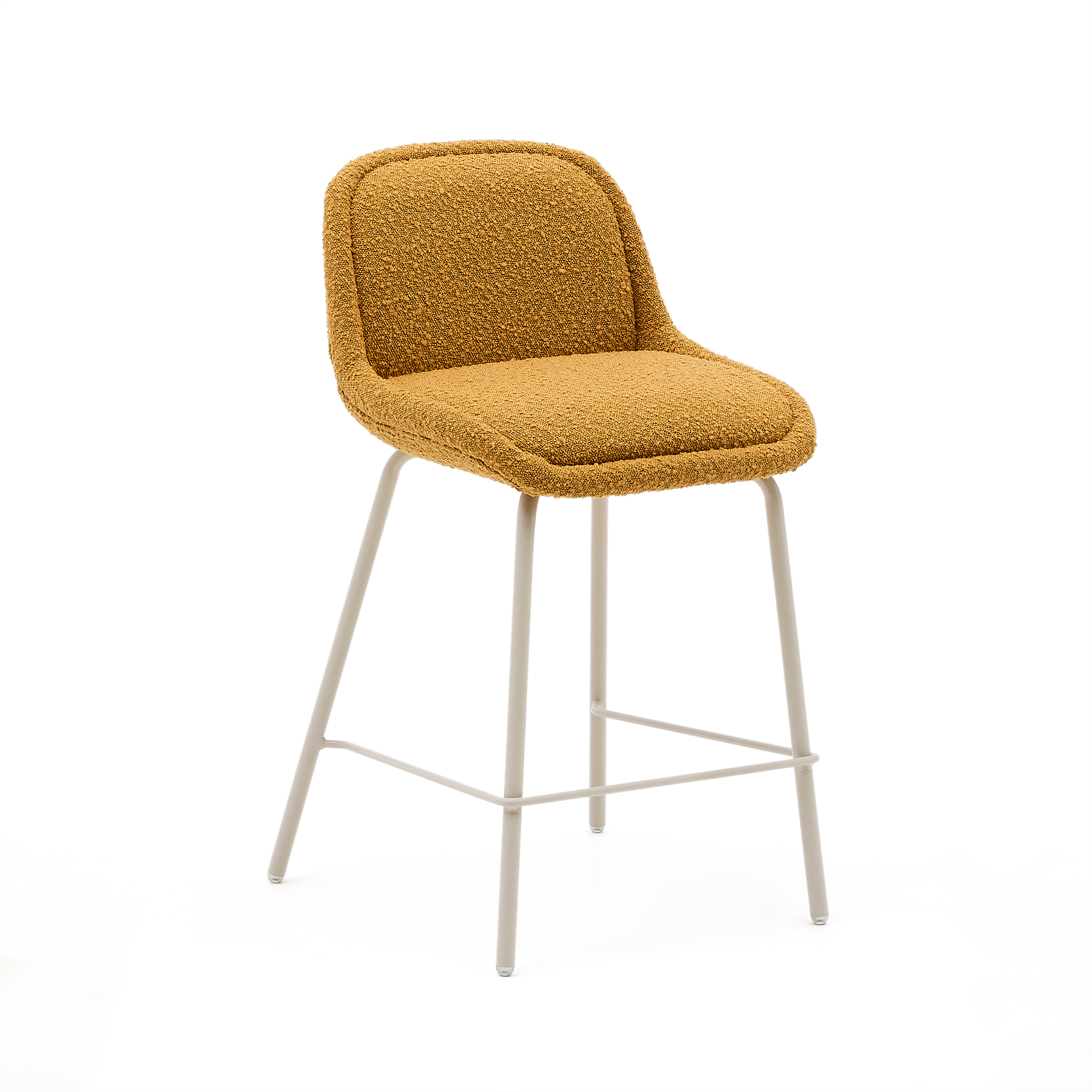 KAVE HOME Aimin barstol, m. ryglæn og fodstøtte - sennepsgul bouclé stof og beige stål (65 cm)