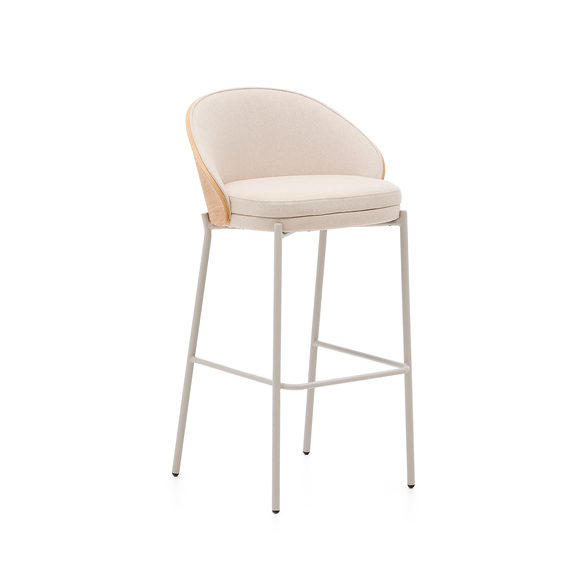KAVE HOME Eamy barstol, m. ryglæn og fodstøtte - beige chenille, natur askefinér, beige metal (H:77)