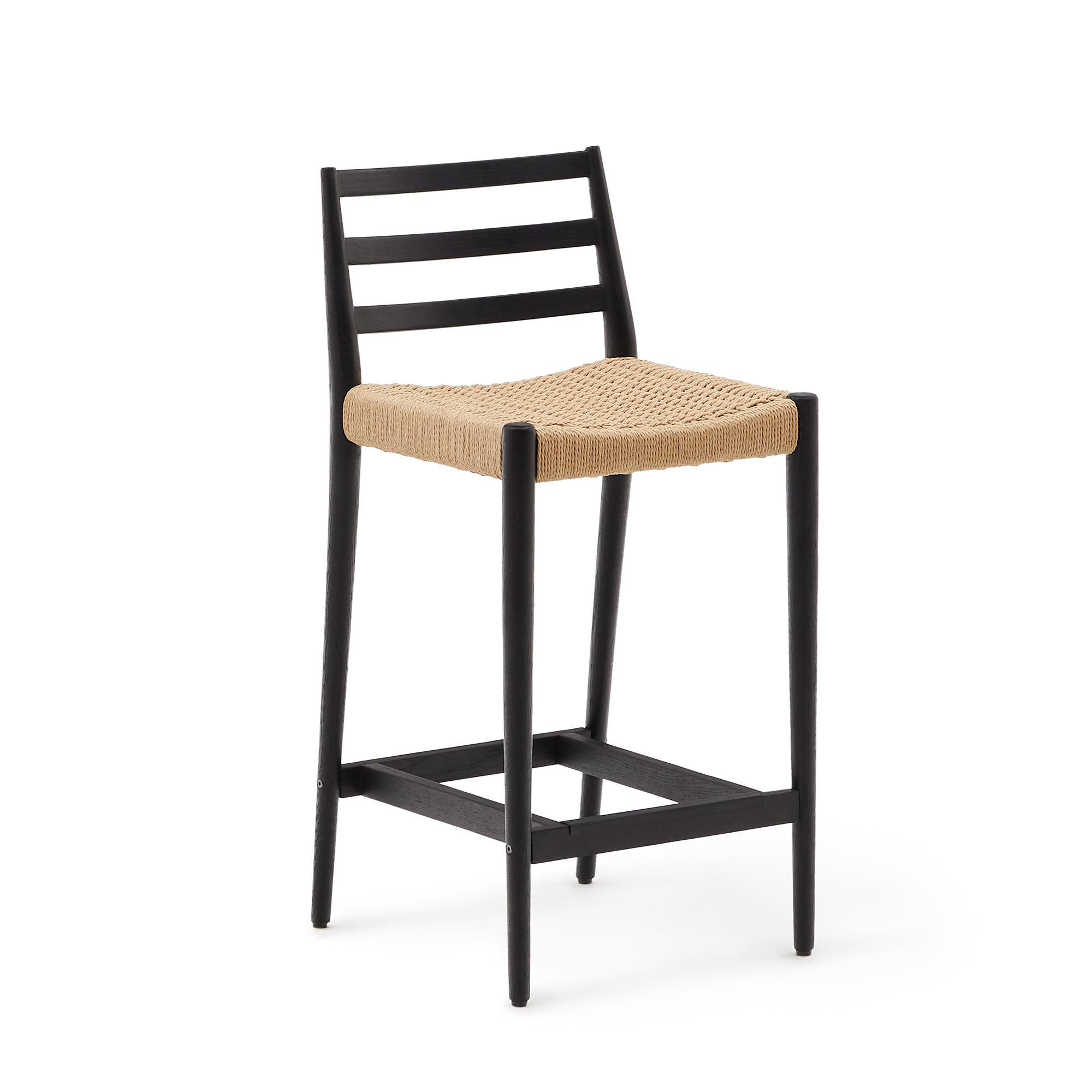 KAVE HOME Analy skammel med ryglæn i massivt egetræ i sort finish og snoresæde, 70 cm,