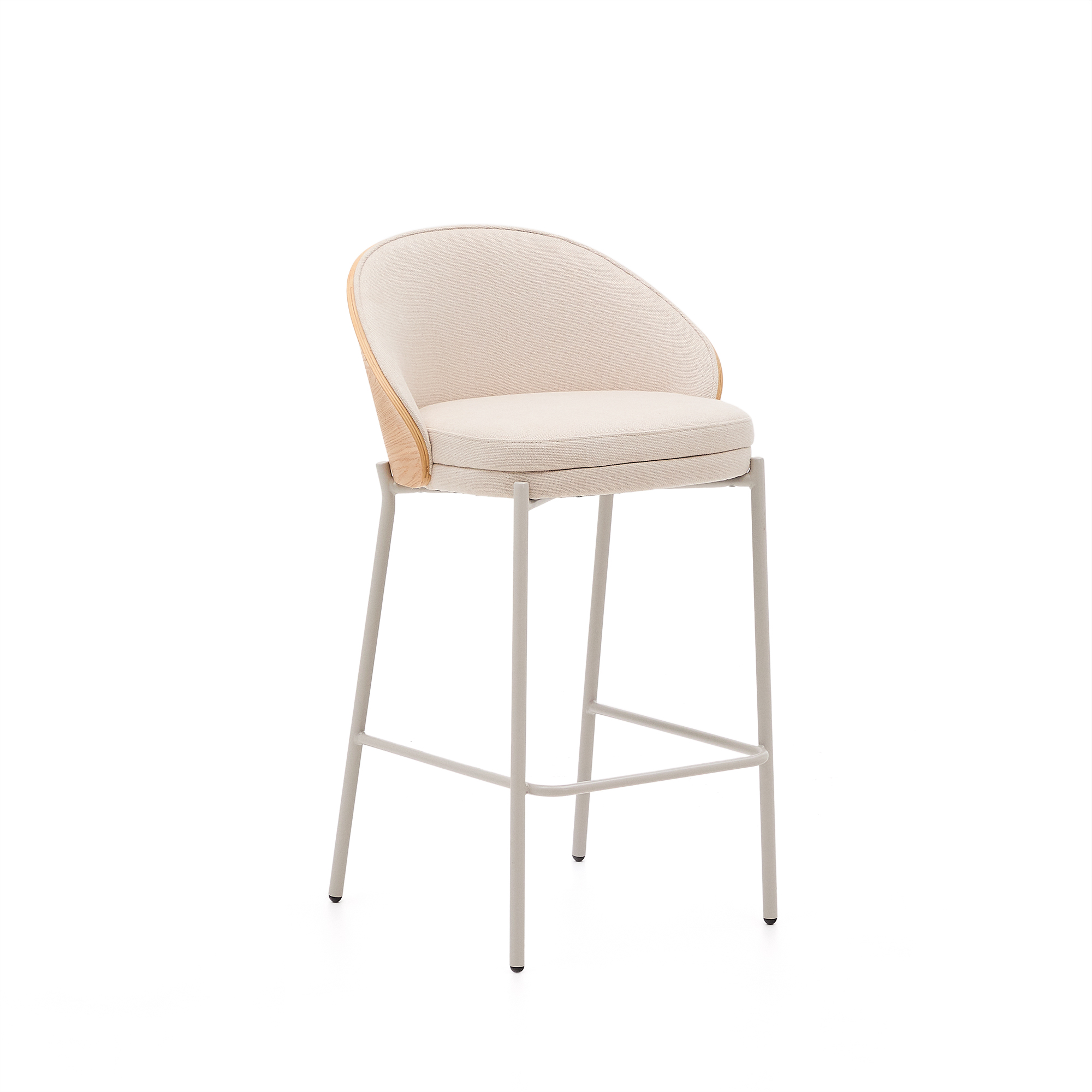 KAVE HOME Eamy barstol, m. ryglæn og fodstøtte - beige chenille, natur askefinér, beige metal (H:65)